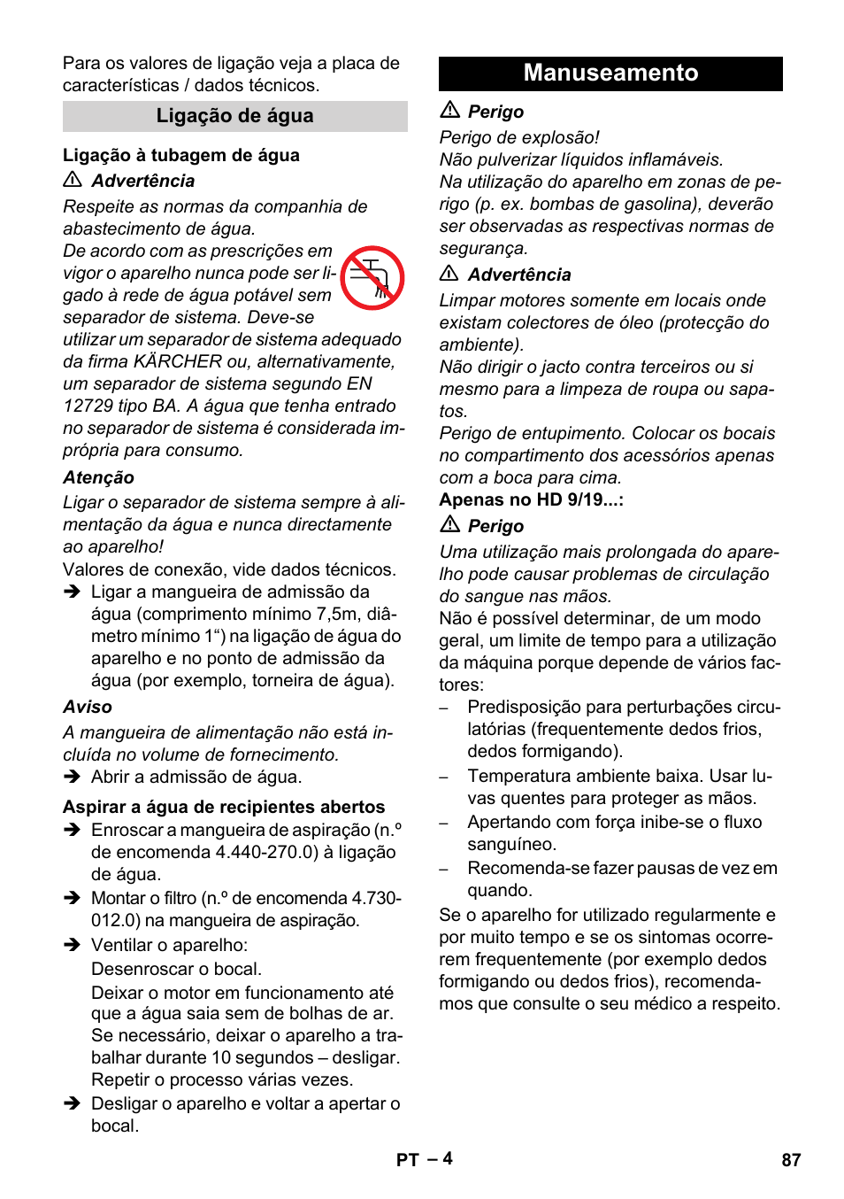 Manuseamento | Karcher HD 9-19 M User Manual | Page 87 / 372