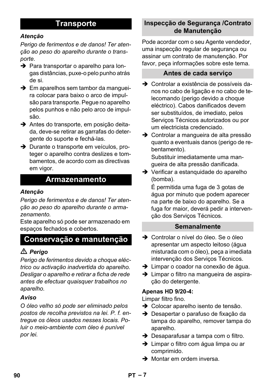 Transporte armazenamento conservação e manutenção | Karcher HD 9-19 M User Manual | Page 90 / 372