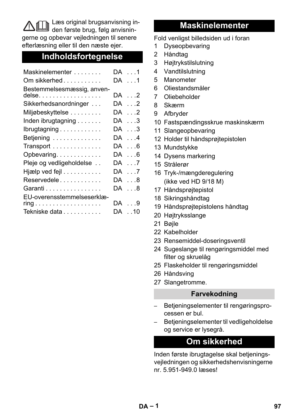 Dansk, Indholdsfortegnelse, Maskinelementer | Om sikkerhed | Karcher HD 9-19 M User Manual | Page 97 / 372