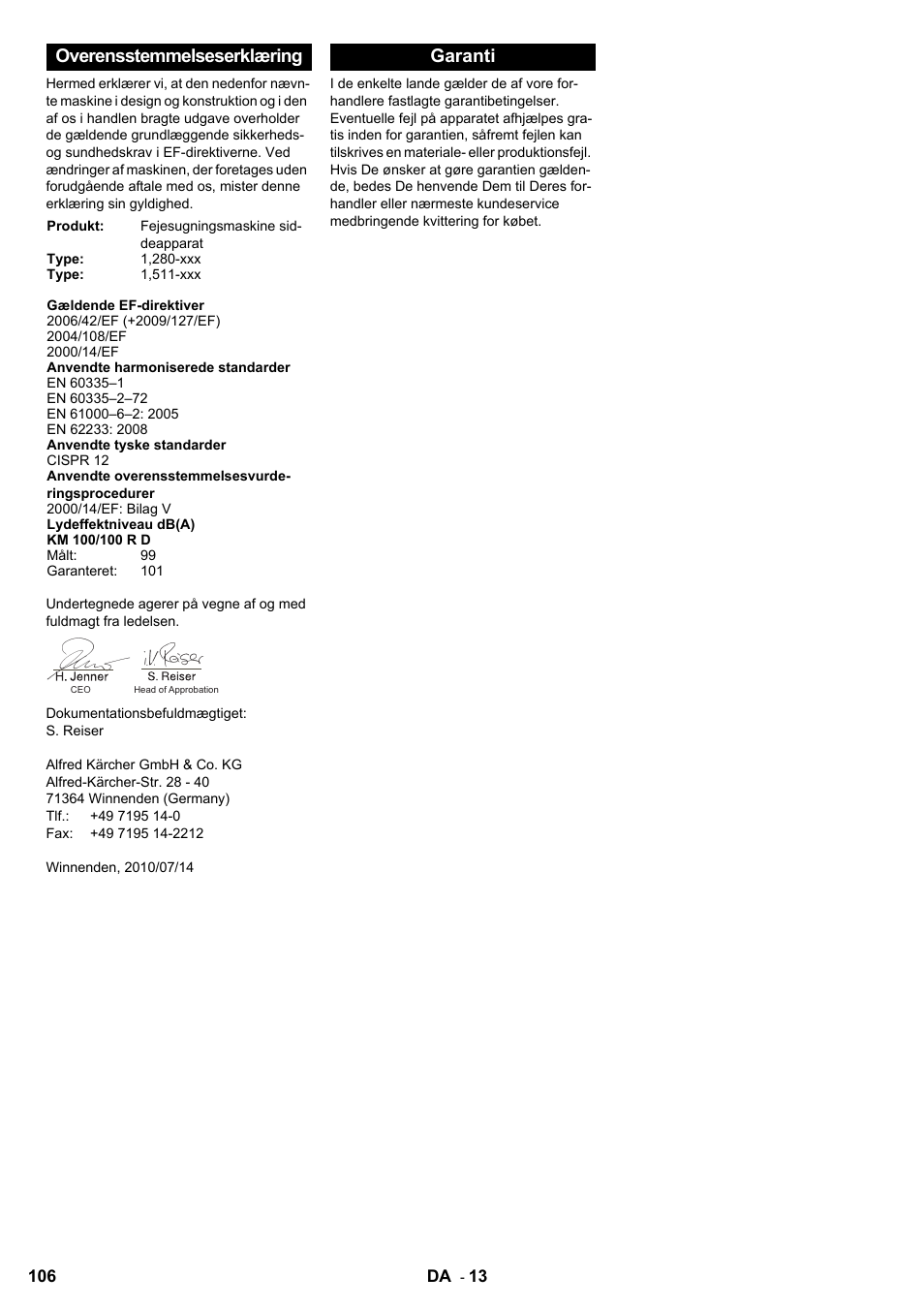 Overensstemmelseserklæring, Garanti | Karcher KM 100-100 R D User Manual | Page 106 / 360