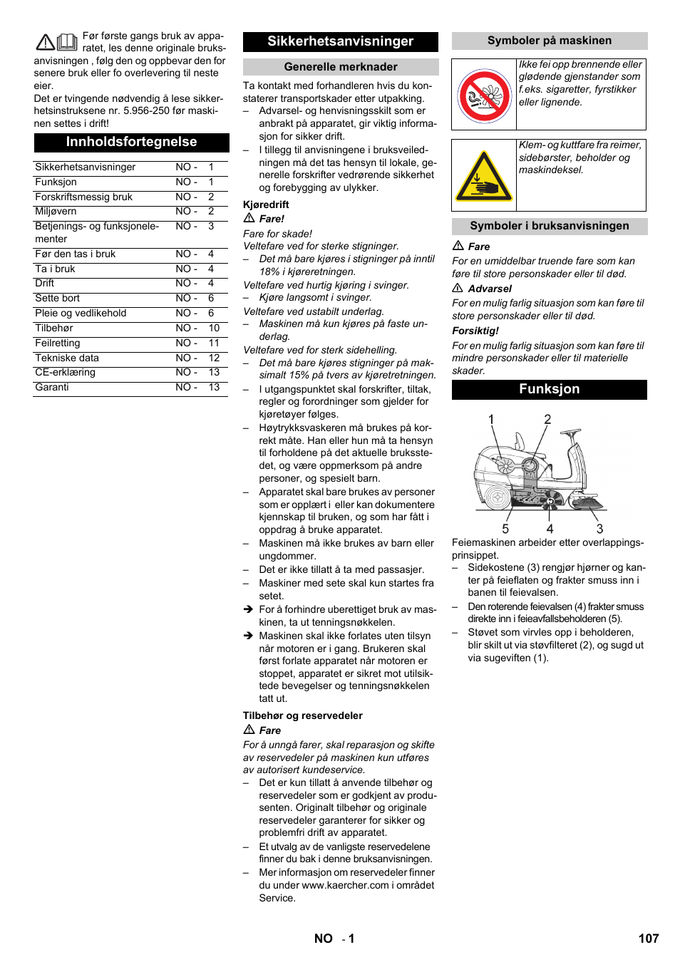 Innholdsfortegnelse, Sikkerhetsanvisninger, Funksjon | Karcher KM 100-100 R D User Manual | Page 107 / 360