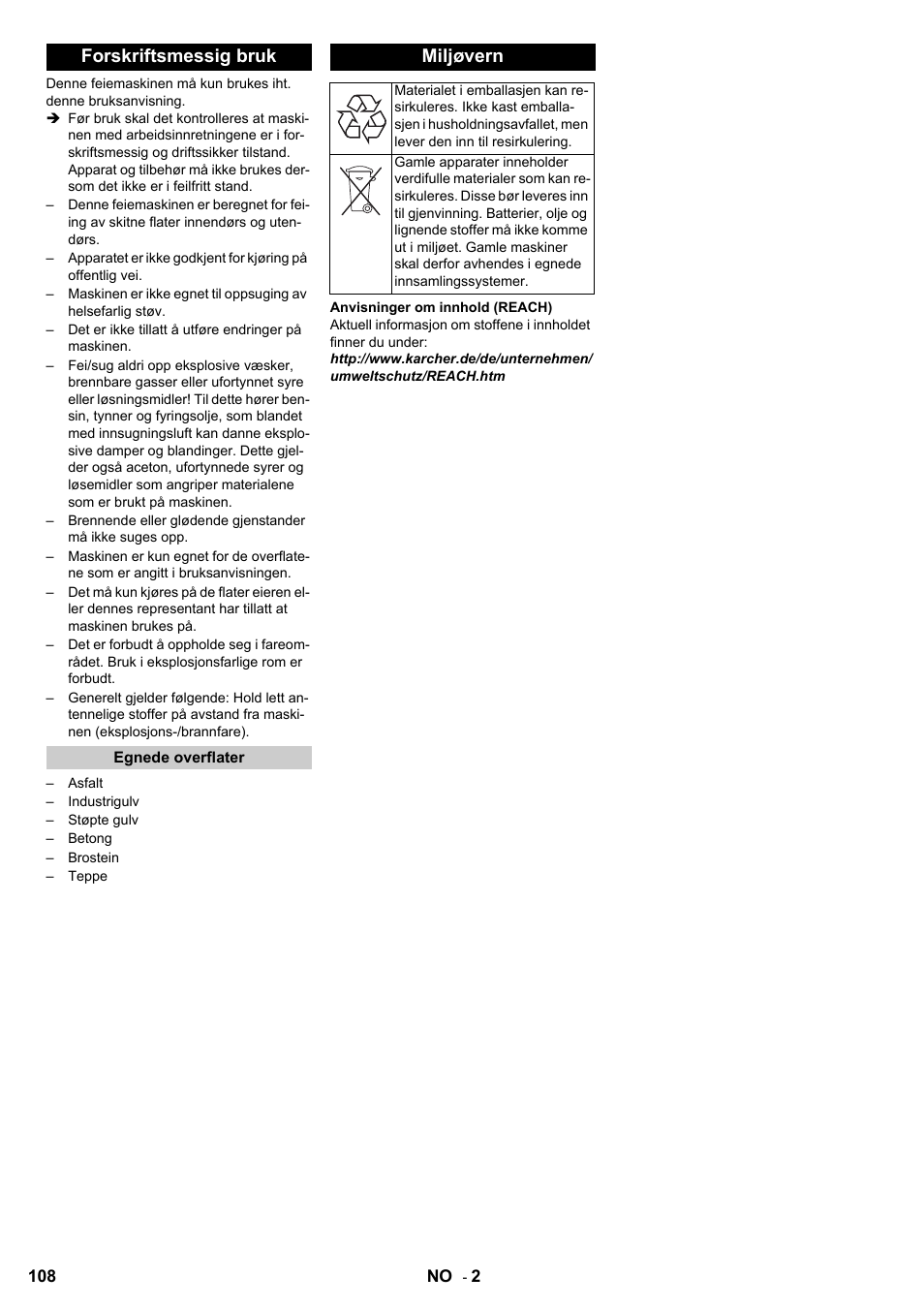Forskriftsmessig bruk, Miljøvern | Karcher KM 100-100 R D User Manual | Page 108 / 360