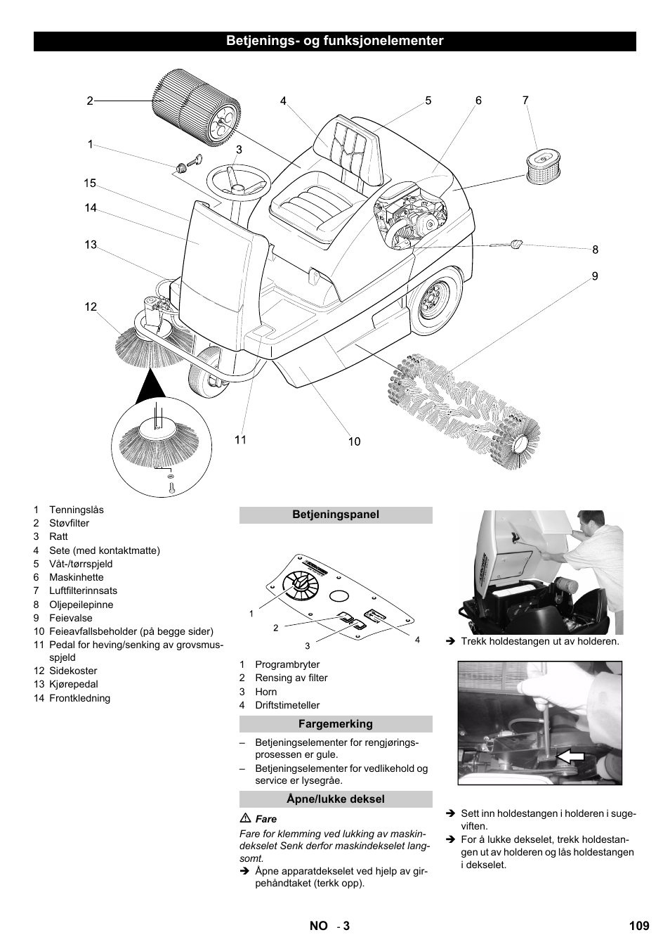Betjenings- og funksjonelementer | Karcher KM 100-100 R D User Manual | Page 109 / 360