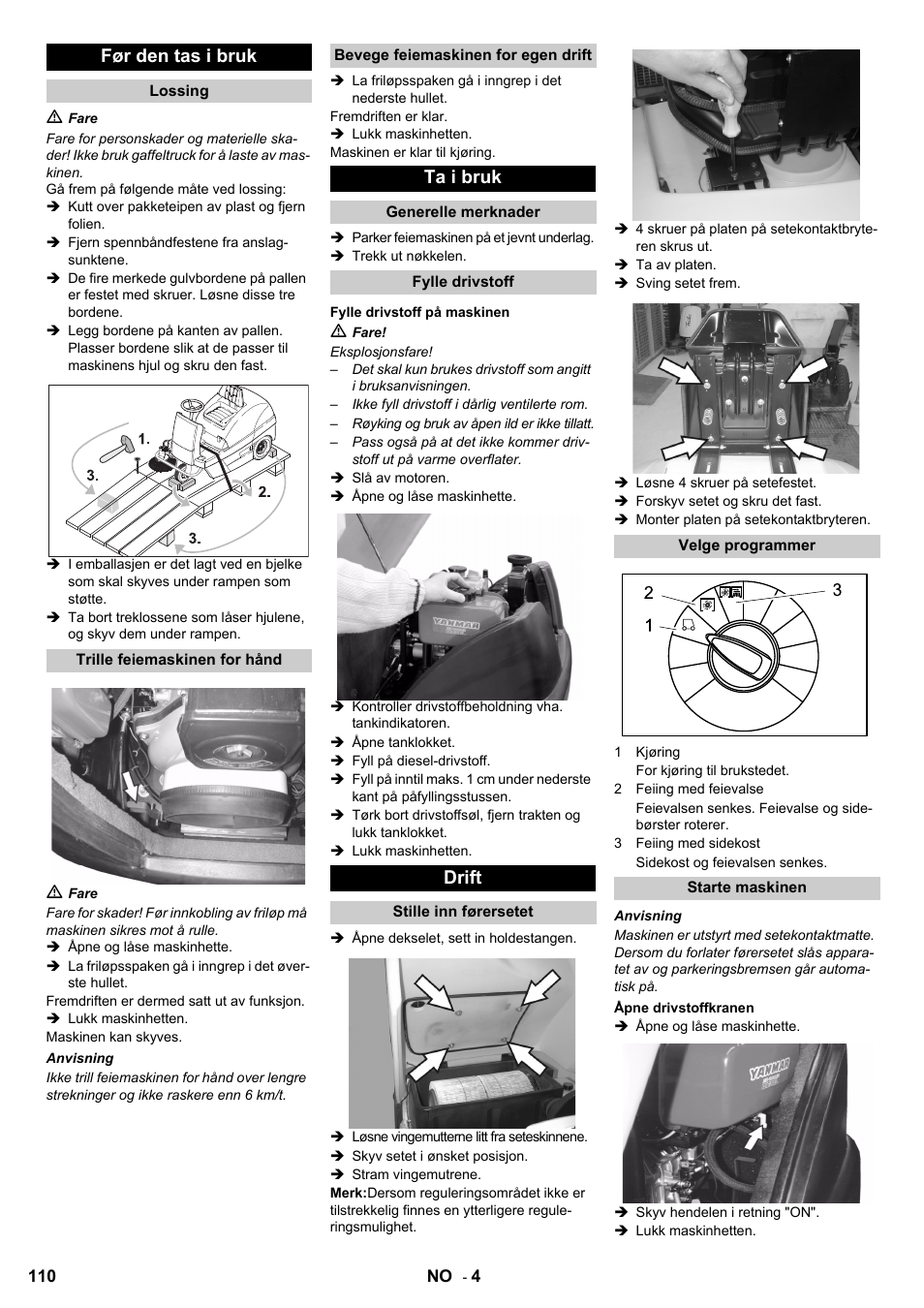 Før den tas i bruk, Ta i bruk, Drift | Karcher KM 100-100 R D User Manual | Page 110 / 360