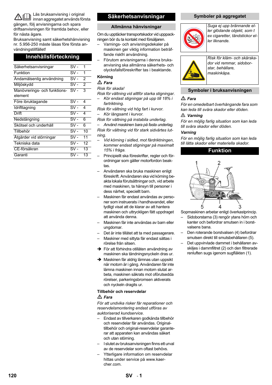 Innehållsförteckning, Säkerhetsanvisningar, Funktion | Karcher KM 100-100 R D User Manual | Page 120 / 360