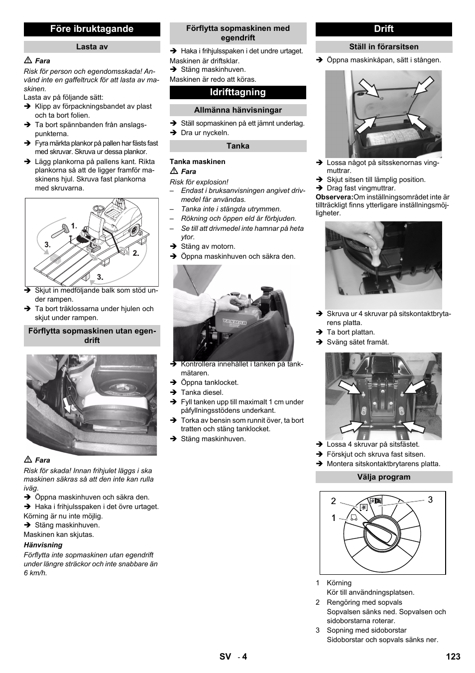 Före ibruktagande, Idrifttagning, Drift | Karcher KM 100-100 R D User Manual | Page 123 / 360