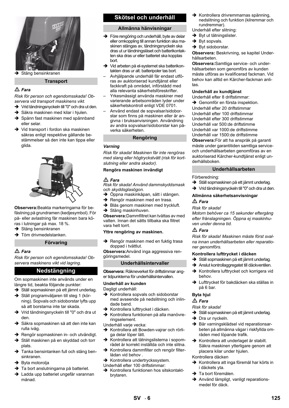 Nedstängning skötsel och underhåll | Karcher KM 100-100 R D User Manual | Page 125 / 360