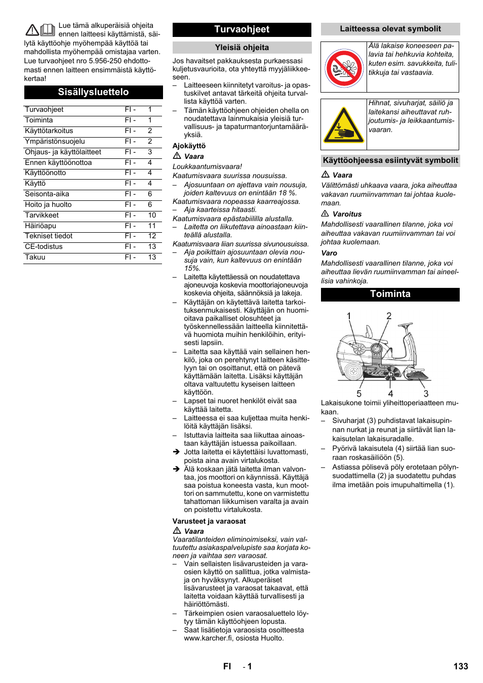Sisällysluettelo, Turvaohjeet, Toiminta | Karcher KM 100-100 R D User Manual | Page 133 / 360
