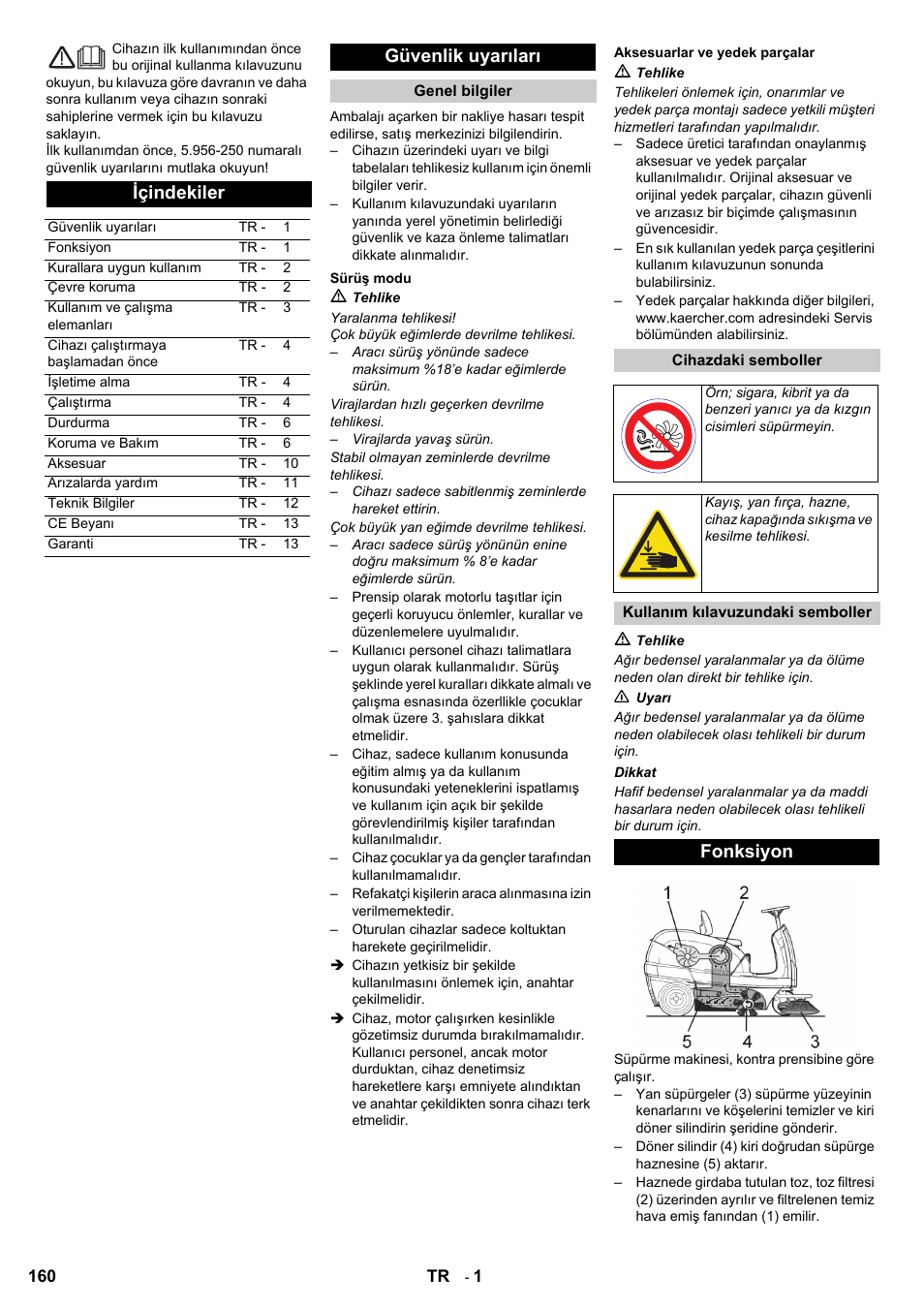 Içindekiler, Güvenlik uyarıları, Fonksiyon | Karcher KM 100-100 R D User Manual | Page 160 / 360