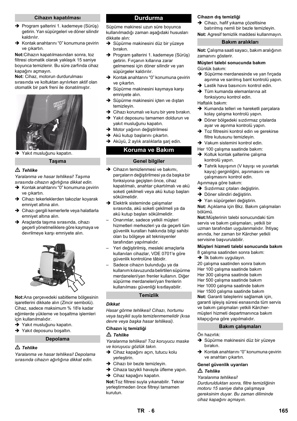 Durdurma koruma ve bakım | Karcher KM 100-100 R D User Manual | Page 165 / 360