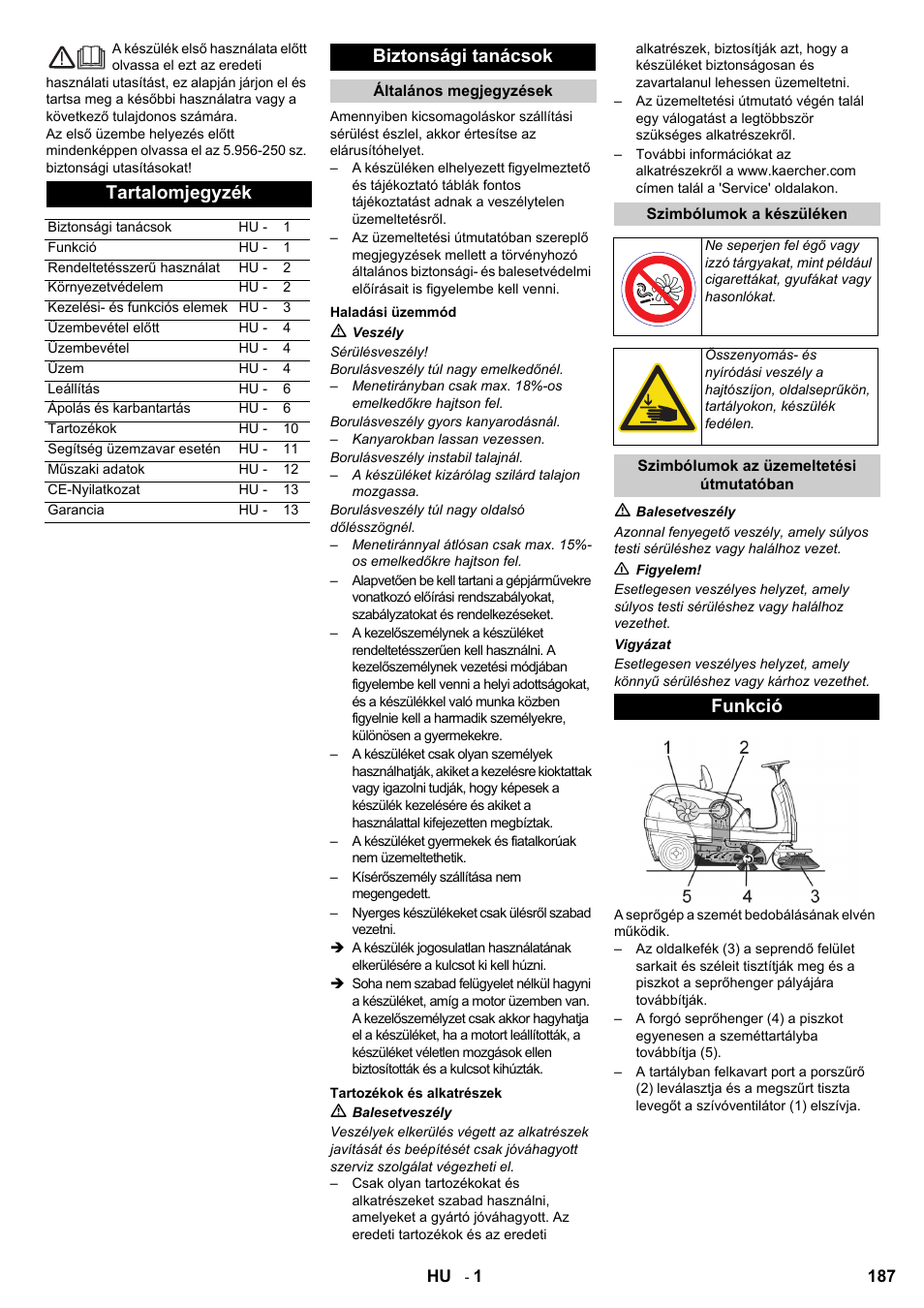 Tartalomjegyzék, Biztonsági tanácsok, Funkció | Karcher KM 100-100 R D User Manual | Page 187 / 360