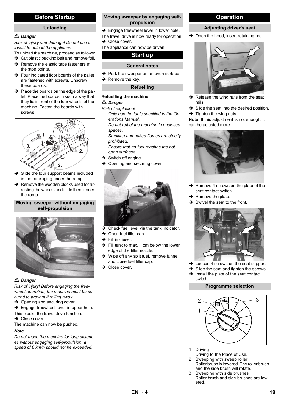 Before startup, Start up, Operation | Karcher KM 100-100 R D User Manual | Page 19 / 360