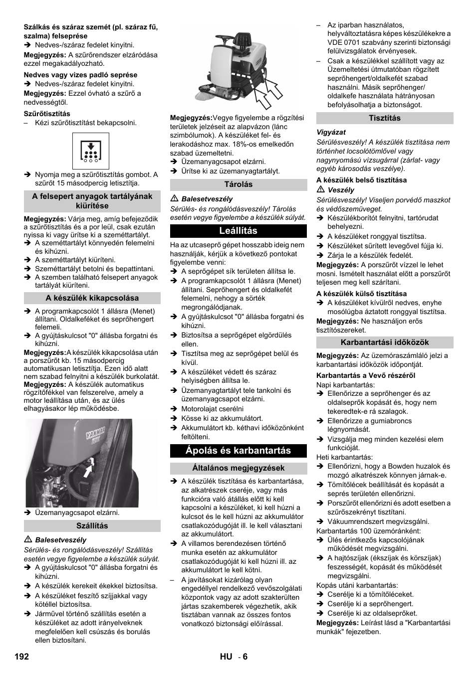 Leállítás ápolás és karbantartás | Karcher KM 100-100 R D User Manual | Page 192 / 360