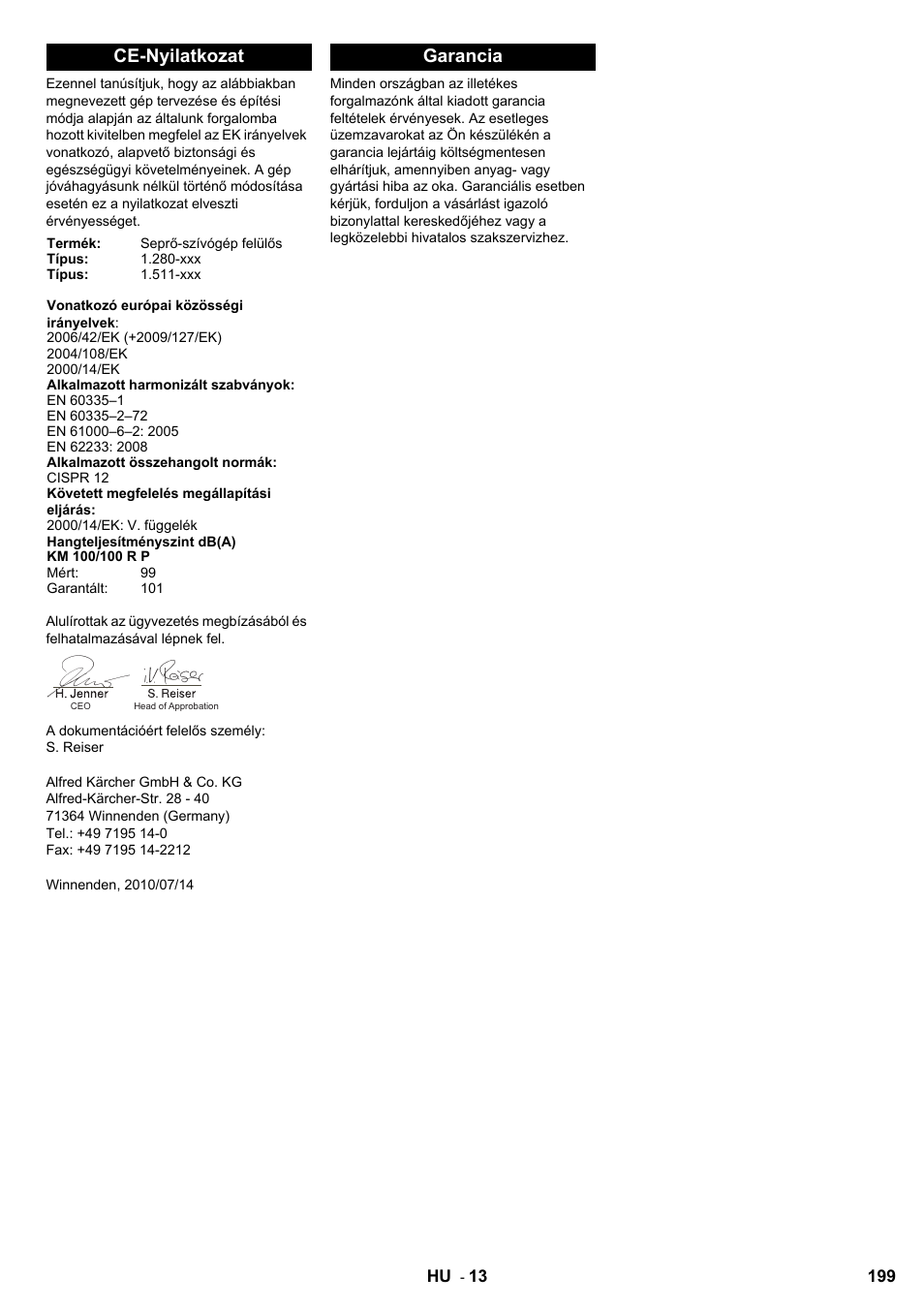 Ce-nyilatkozat, Garancia | Karcher KM 100-100 R D User Manual | Page 199 / 360