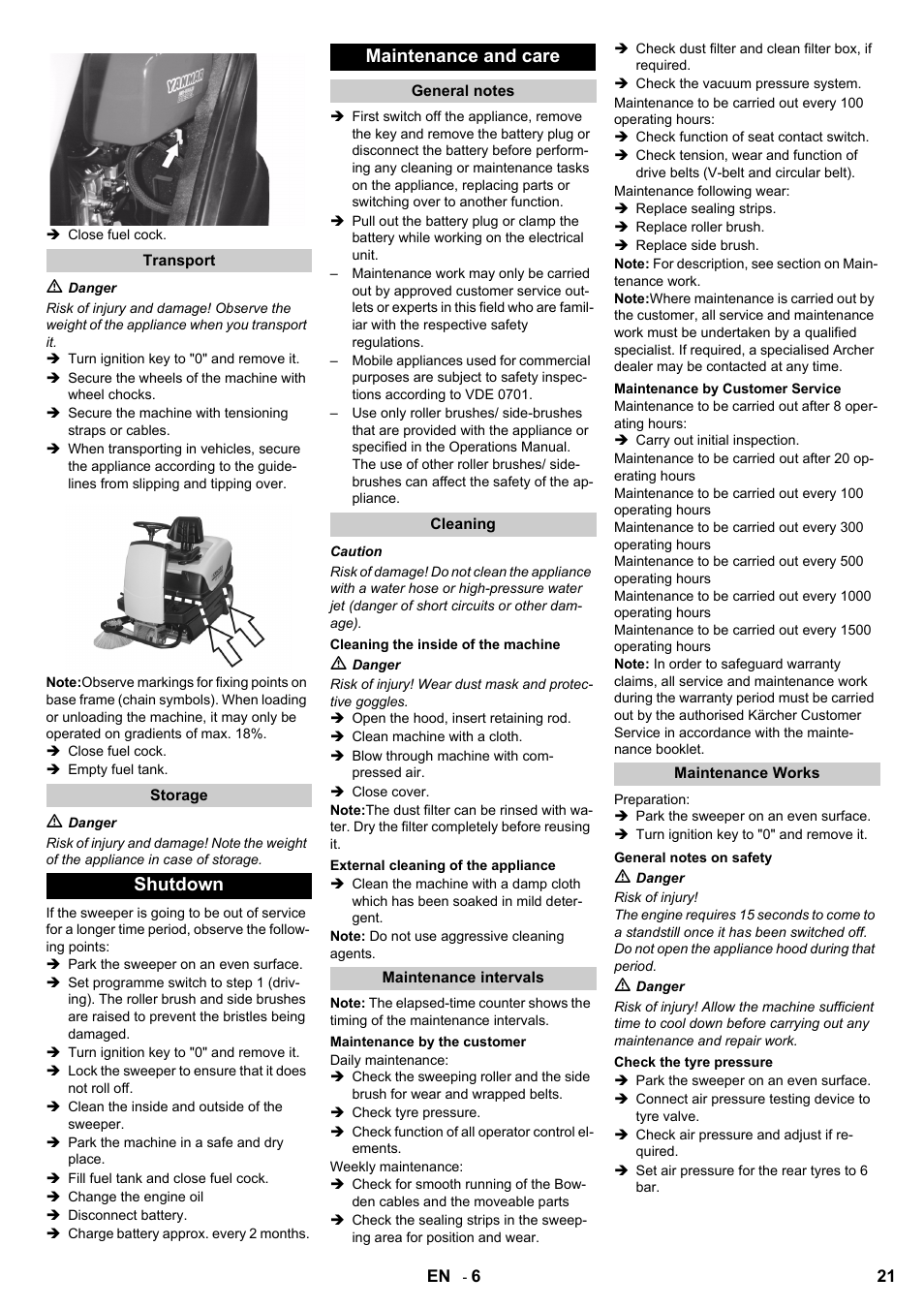 Shutdown maintenance and care | Karcher KM 100-100 R D User Manual | Page 21 / 360