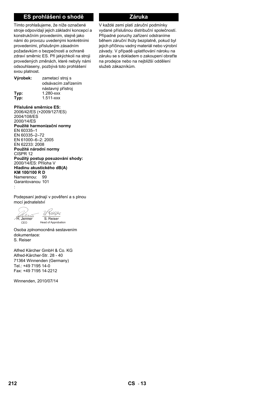 Es prohlášení o shodě, Záruka | Karcher KM 100-100 R D User Manual | Page 212 / 360