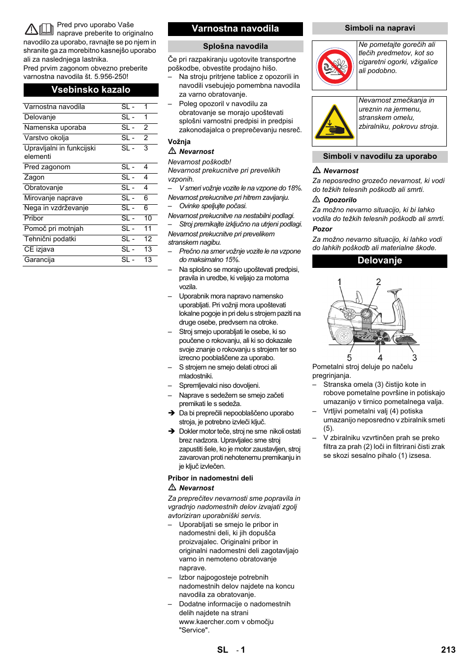 Vsebinsko kazalo, Varnostna navodila, Delovanje | Karcher KM 100-100 R D User Manual | Page 213 / 360