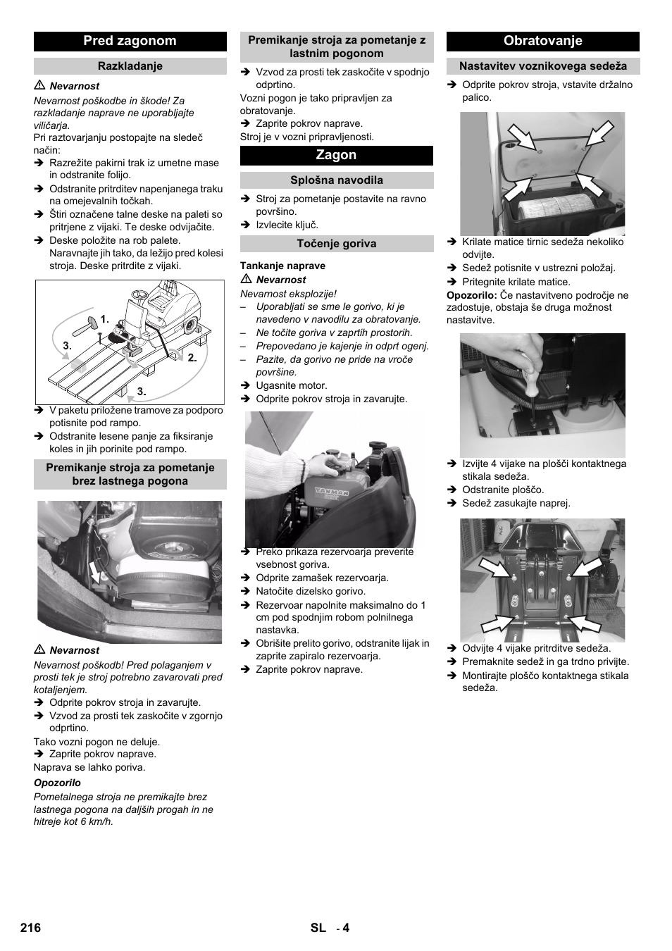 Pred zagonom, Zagon, Obratovanje | Karcher KM 100-100 R D User Manual | Page 216 / 360