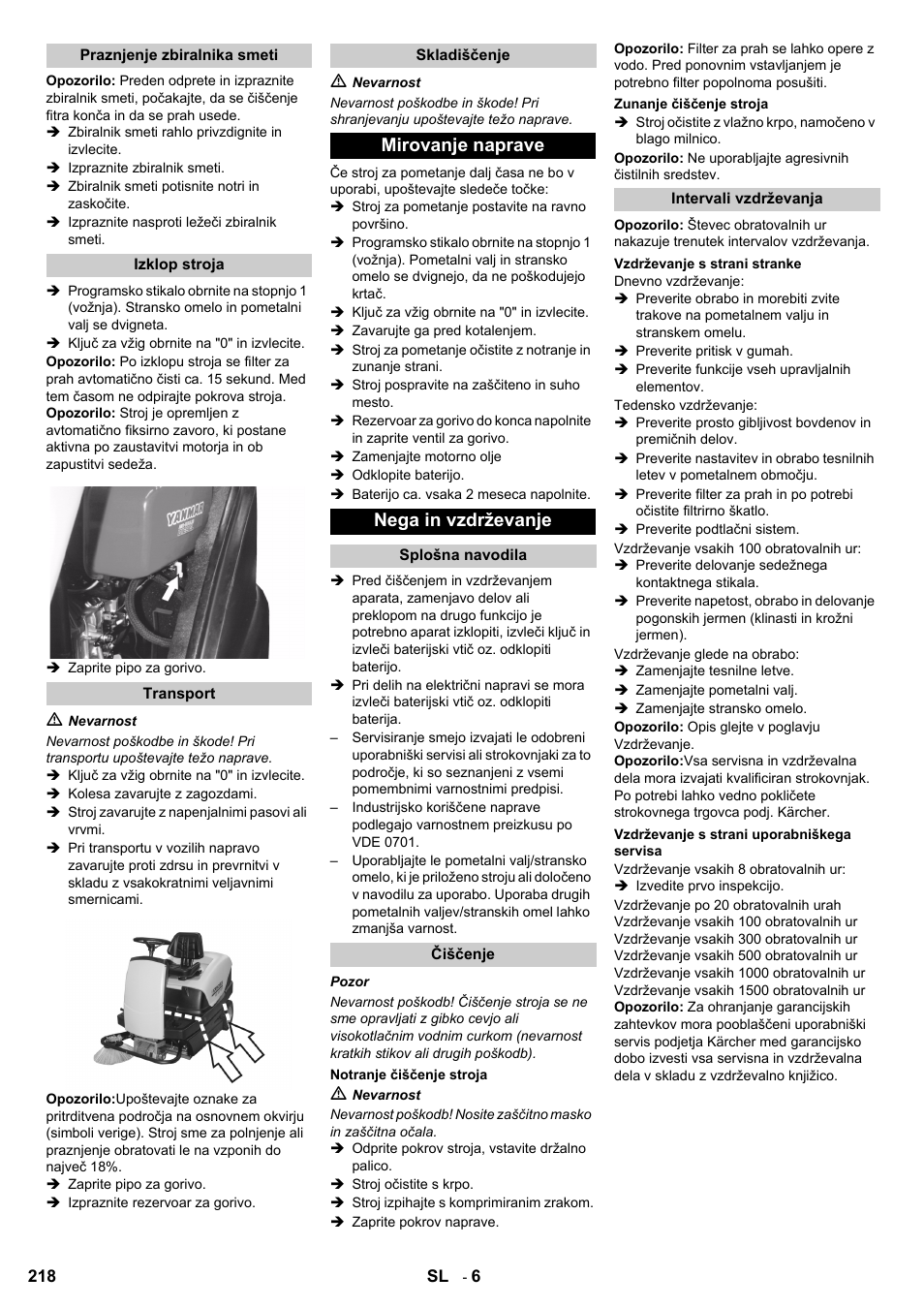 Mirovanje naprave nega in vzdrževanje | Karcher KM 100-100 R D User Manual | Page 218 / 360