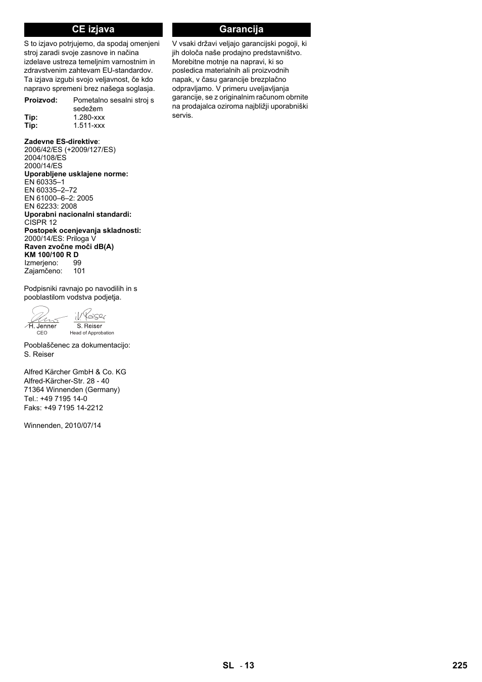 Ce izjava, Garancija | Karcher KM 100-100 R D User Manual | Page 225 / 360