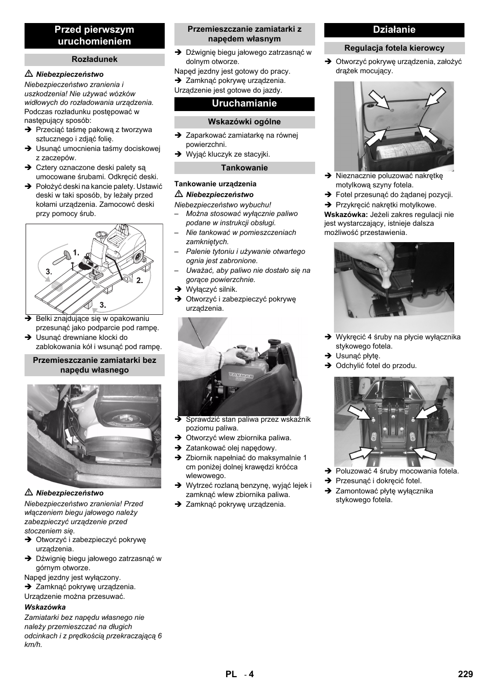 Przed pierwszym uruchomieniem, Uruchamianie, Działanie | Karcher KM 100-100 R D User Manual | Page 229 / 360