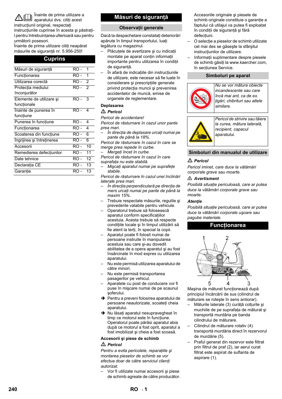 Cuprins, Măsuri de siguranţă, Funcţionarea | Karcher KM 100-100 R D User Manual | Page 240 / 360