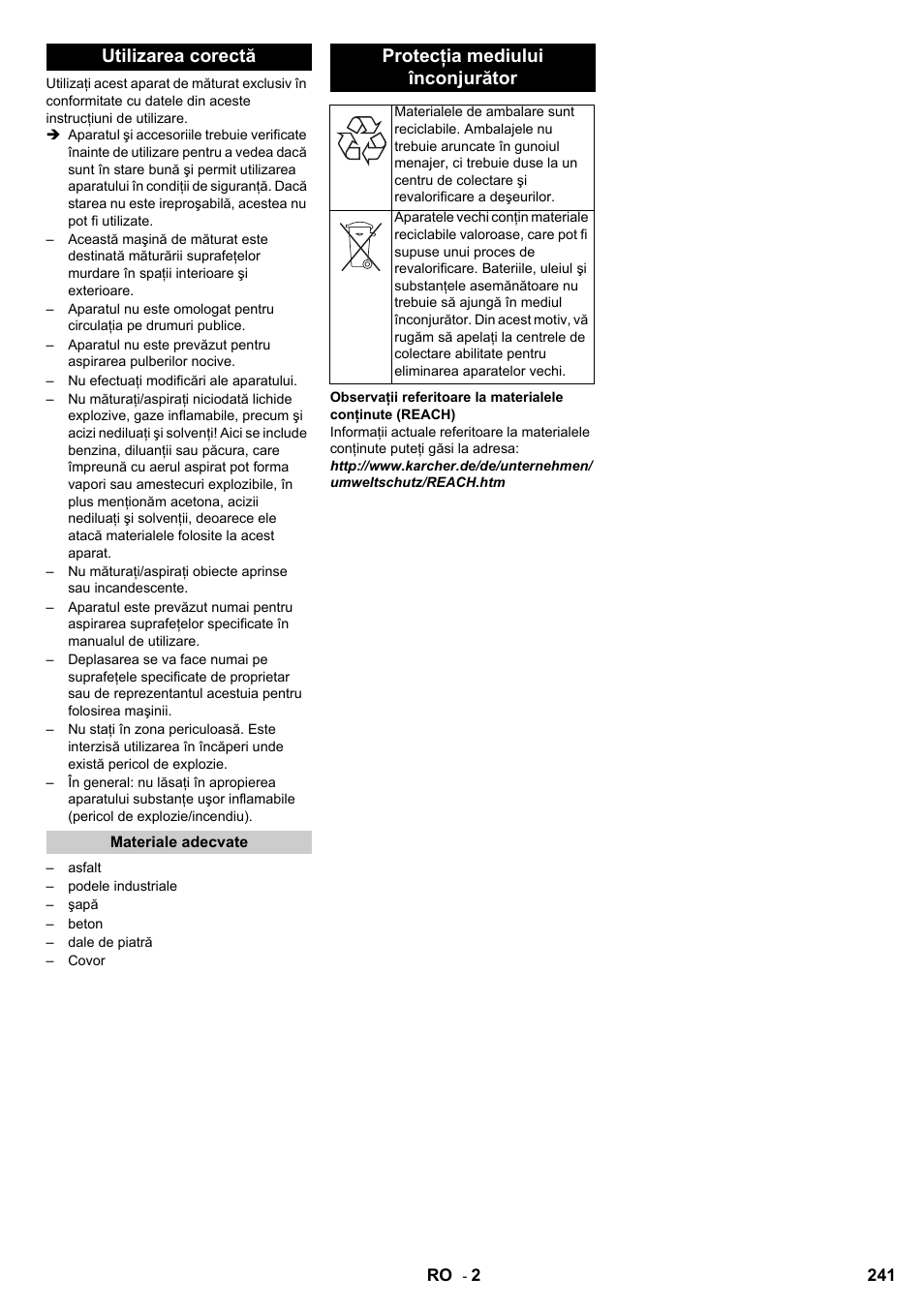 Utilizarea corectă, Protecţia mediului înconjurător | Karcher KM 100-100 R D User Manual | Page 241 / 360