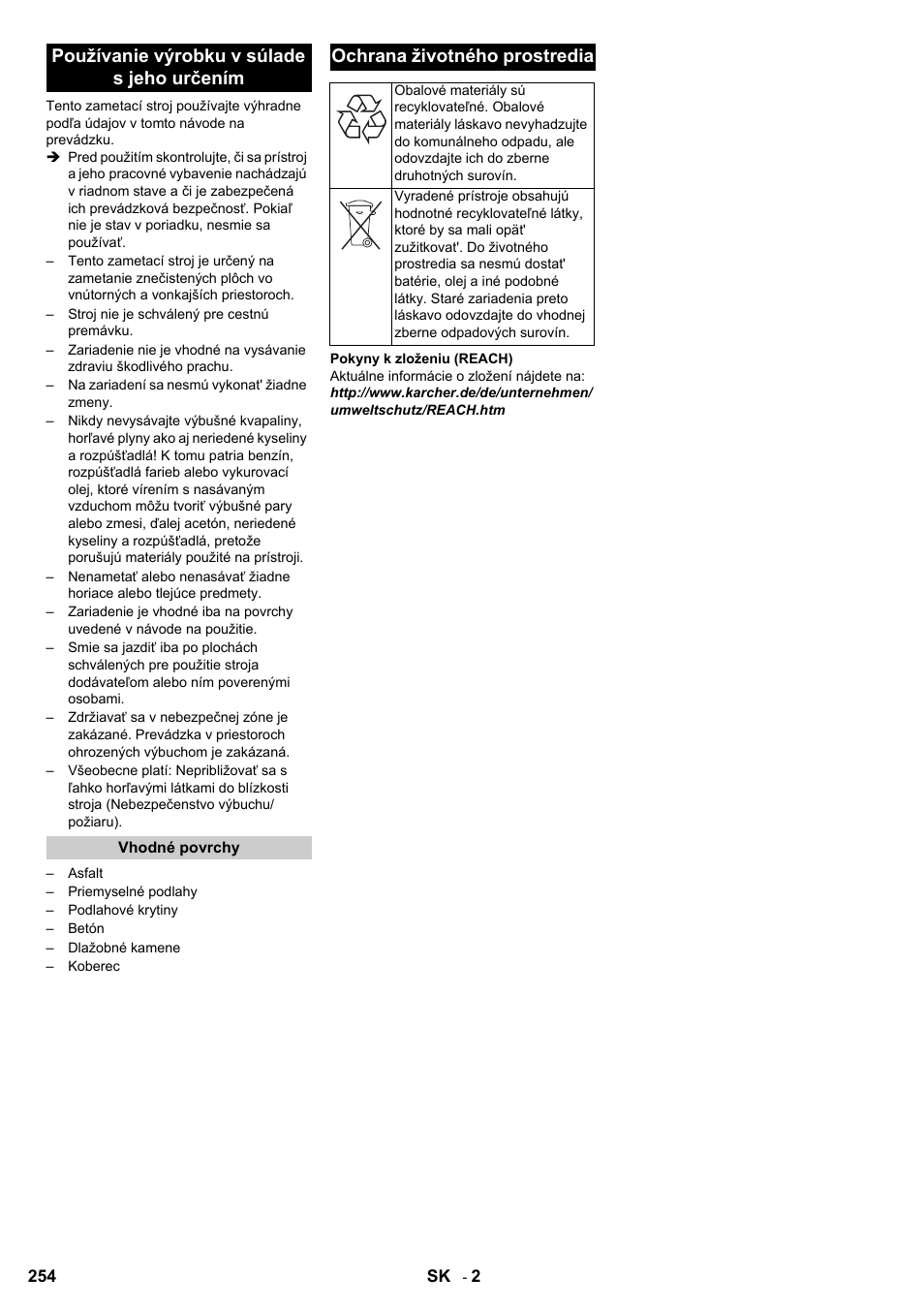 Používanie výrobku v súlade s jeho určením, Ochrana životného prostredia | Karcher KM 100-100 R D User Manual | Page 254 / 360