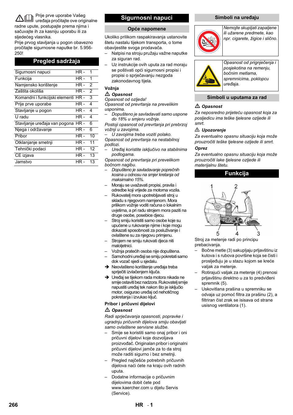 Pregled sadržaja, Sigurnosni napuci, Funkcija | Karcher KM 100-100 R D User Manual | Page 266 / 360