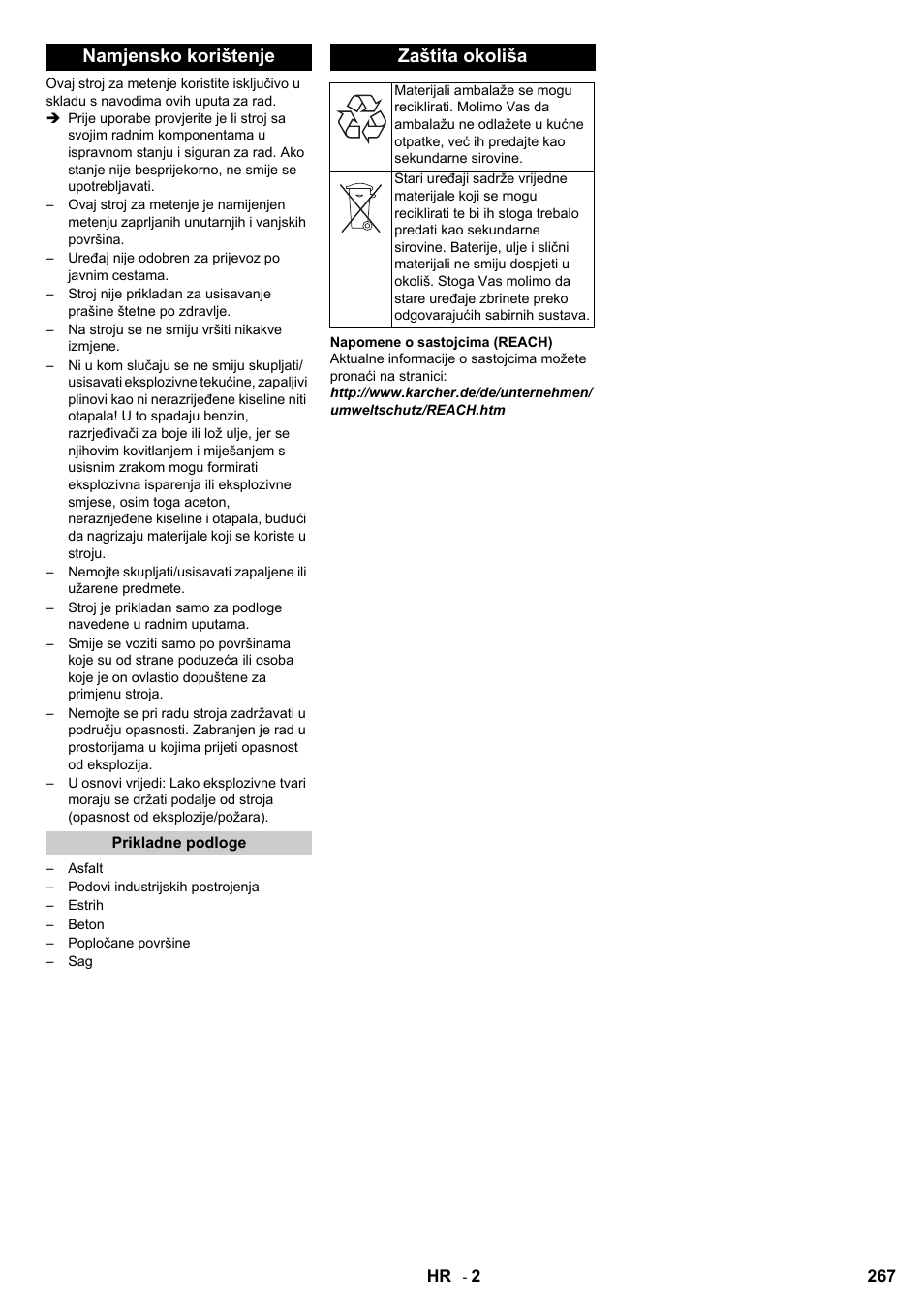 Namjensko korištenje, Zaštita okoliša | Karcher KM 100-100 R D User Manual | Page 267 / 360