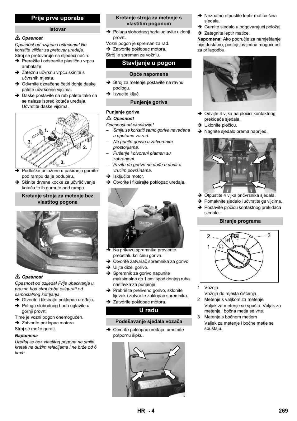 Prije prve uporabe, Stavljanje u pogon, U radu | Karcher KM 100-100 R D User Manual | Page 269 / 360