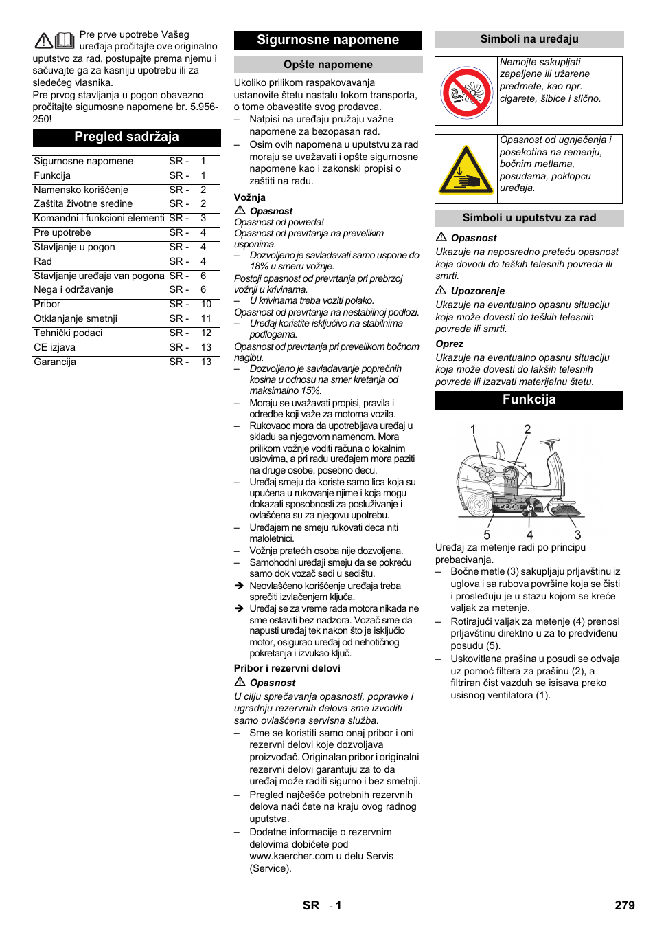 Pregled sadržaja, Sigurnosne napomene, Funkcija | Karcher KM 100-100 R D User Manual | Page 279 / 360