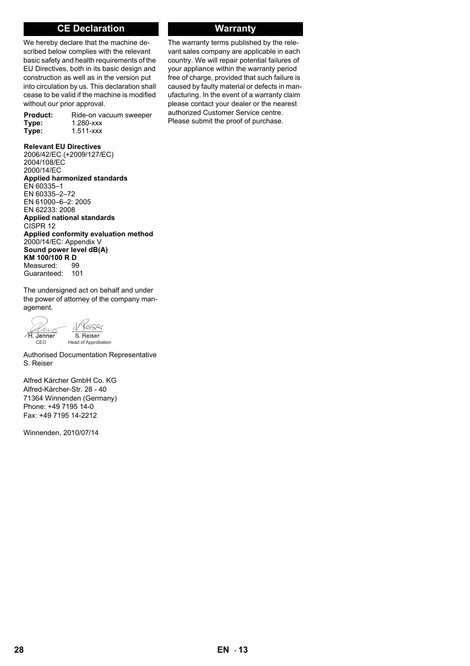 Ce declaration, Warranty | Karcher KM 100-100 R D User Manual | Page 28 / 360