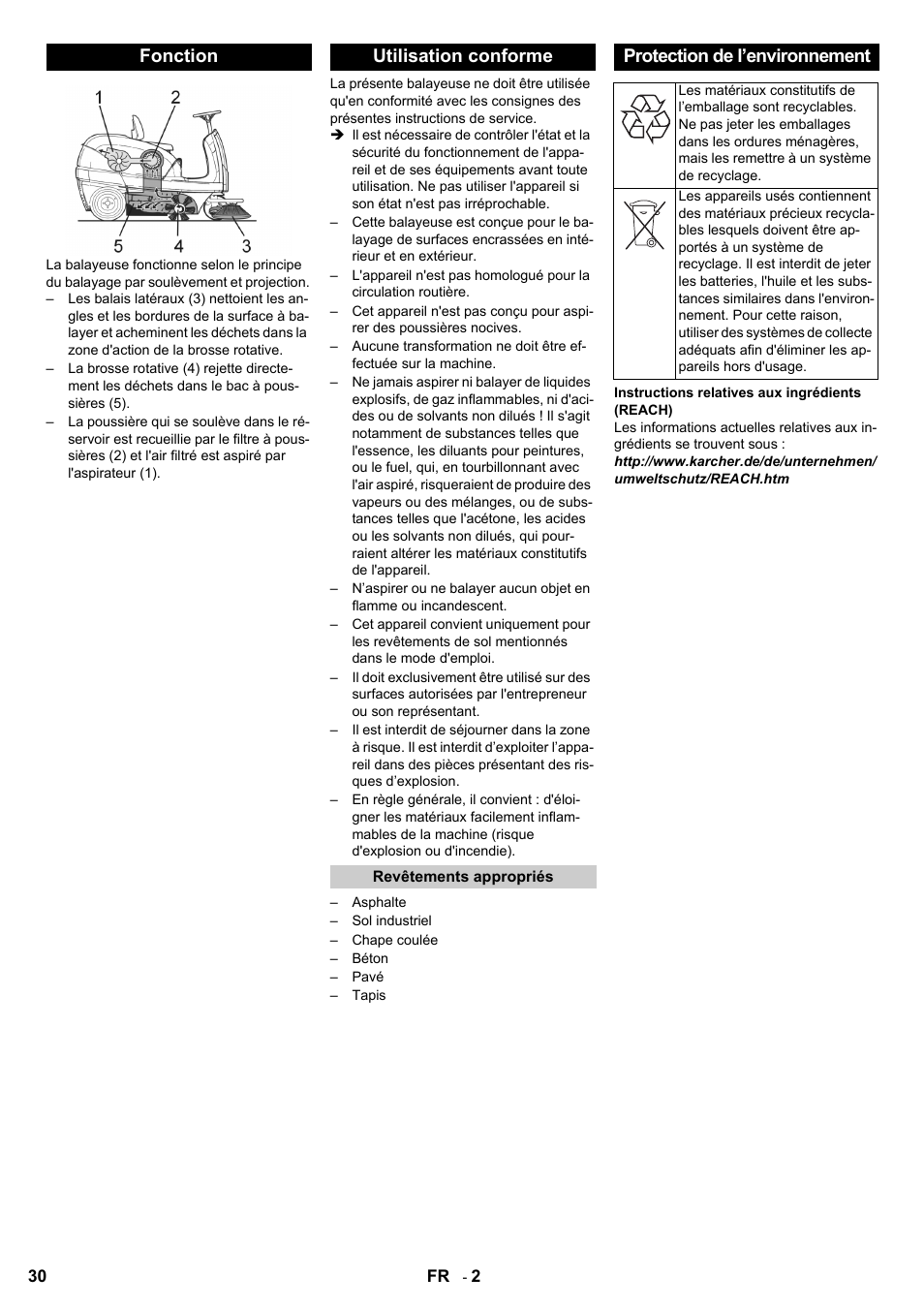 Fonction utilisation conforme, Protection de l’environnement | Karcher KM 100-100 R D User Manual | Page 30 / 360