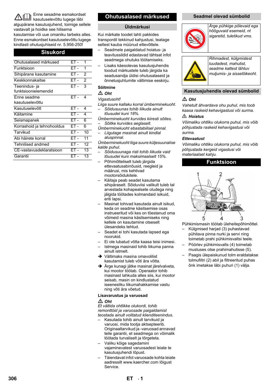 Sisukord, Ohutusalased märkused, Funktsioon | Karcher KM 100-100 R D User Manual | Page 306 / 360