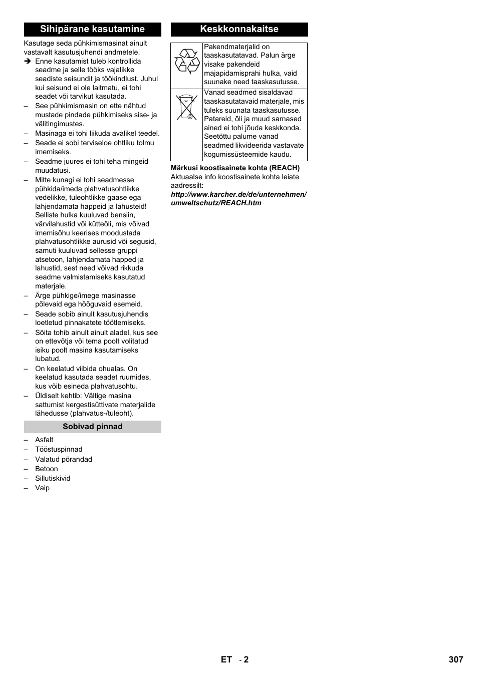 Sihipärane kasutamine, Keskkonnakaitse | Karcher KM 100-100 R D User Manual | Page 307 / 360