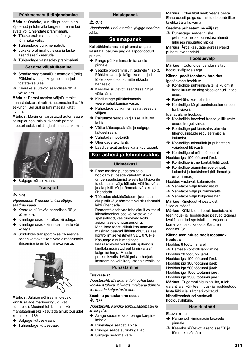 Seismapanek korrashoid ja tehnohooldus | Karcher KM 100-100 R D User Manual | Page 311 / 360