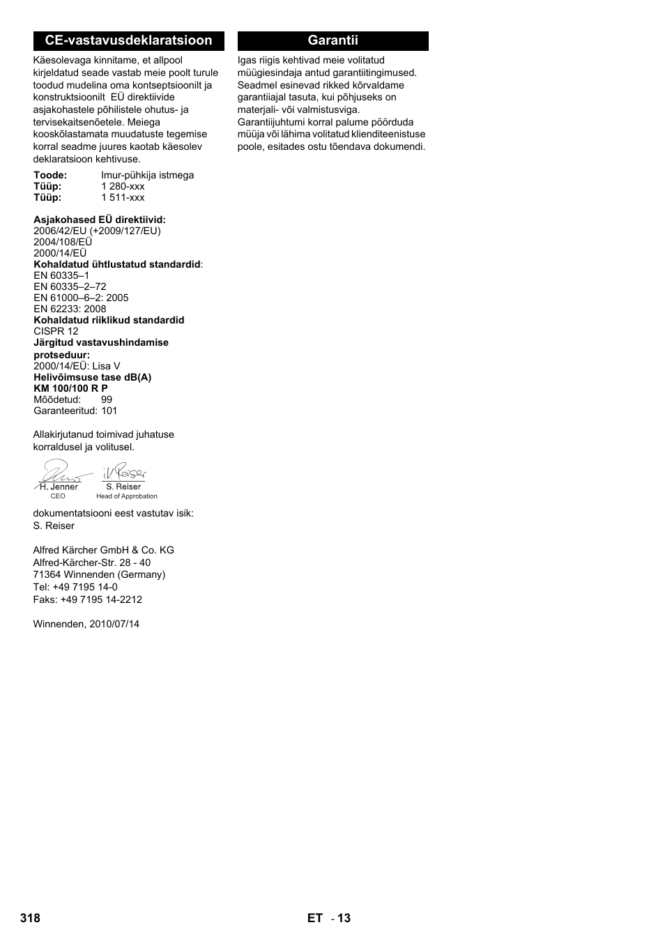 Ce-vastavusdeklaratsioon, Garantii | Karcher KM 100-100 R D User Manual | Page 318 / 360