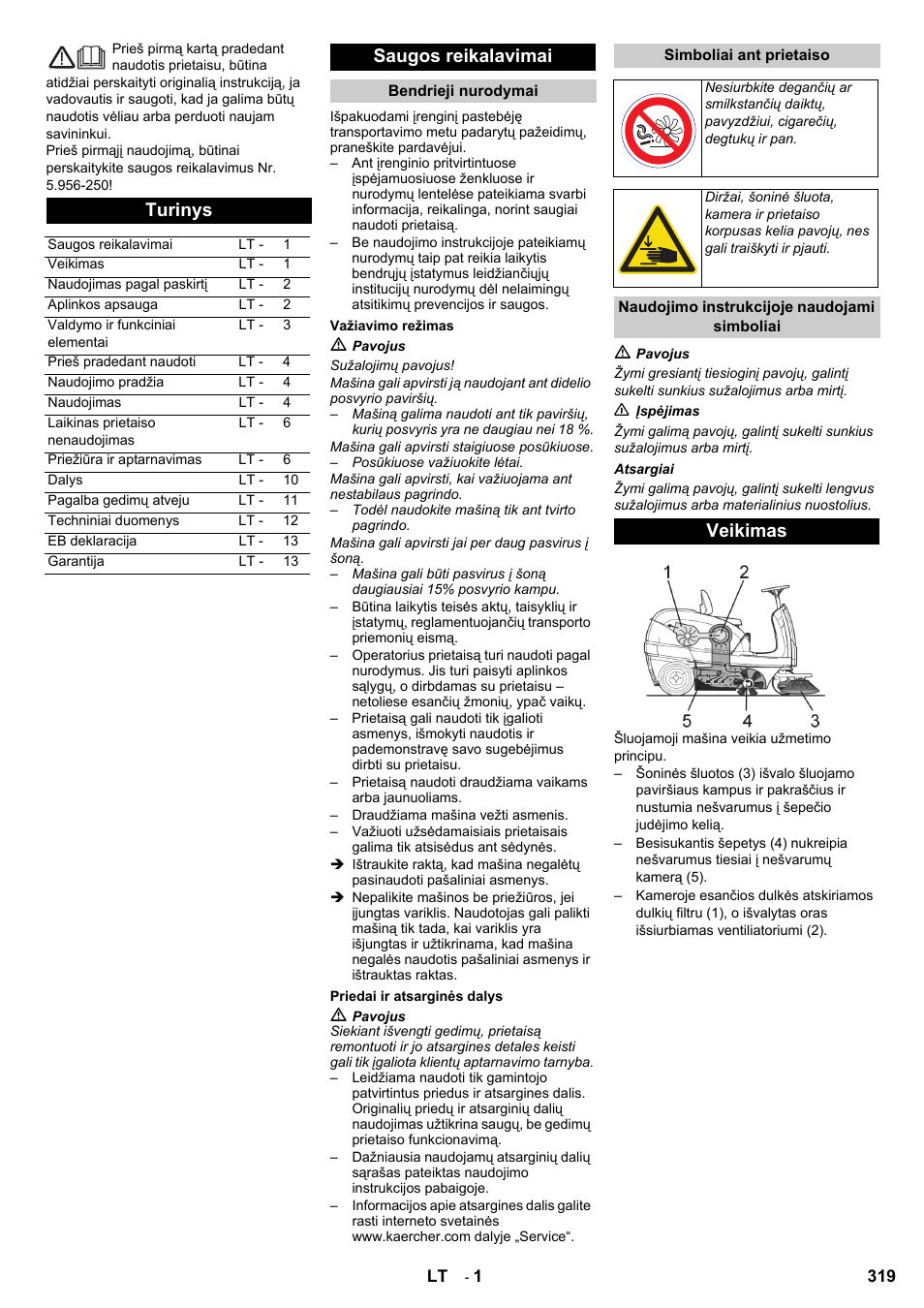 Turinys, Saugos reikalavimai, Veikimas | Karcher KM 100-100 R D User Manual | Page 319 / 360