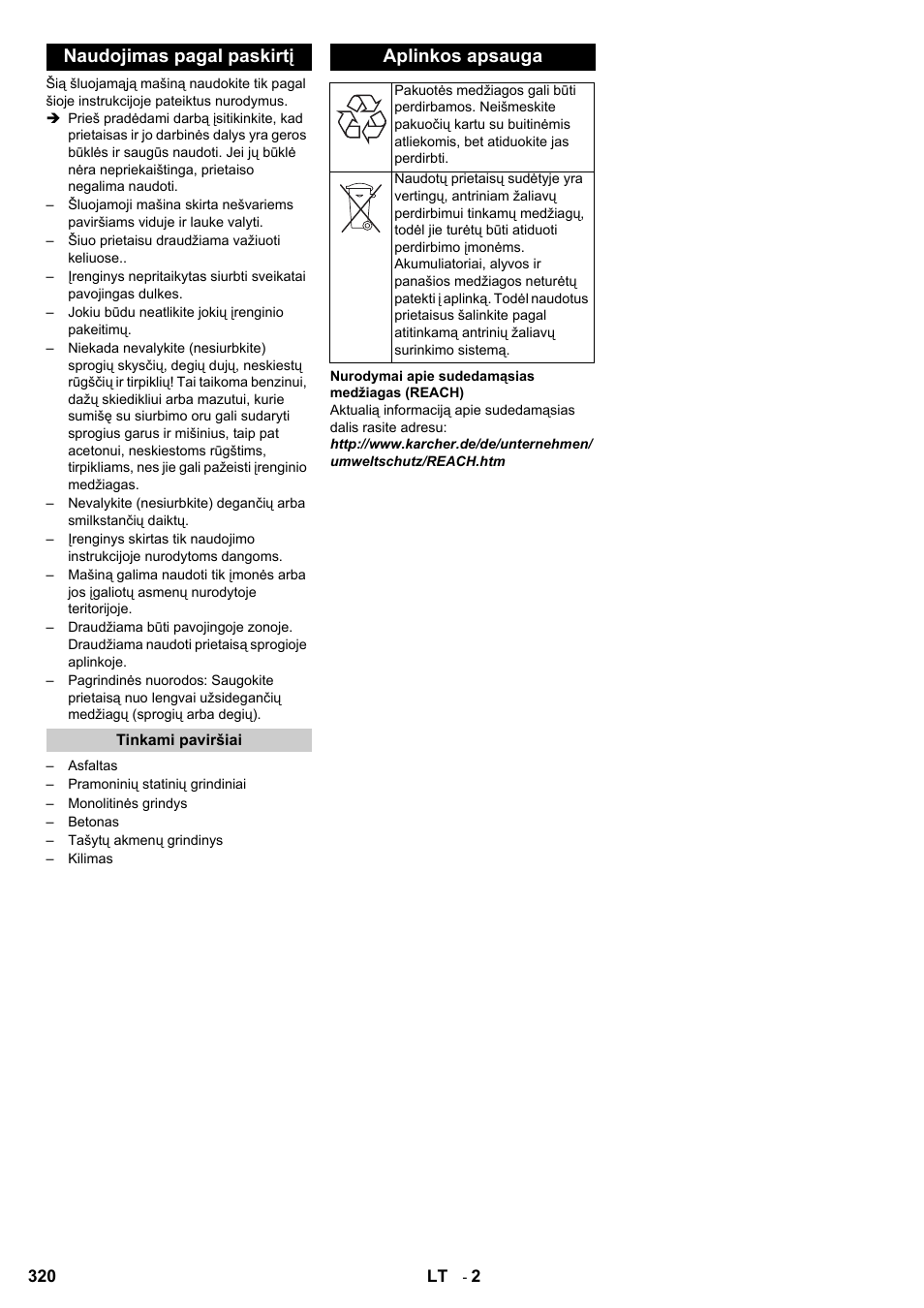 Naudojimas pagal paskirtį, Aplinkos apsauga | Karcher KM 100-100 R D User Manual | Page 320 / 360