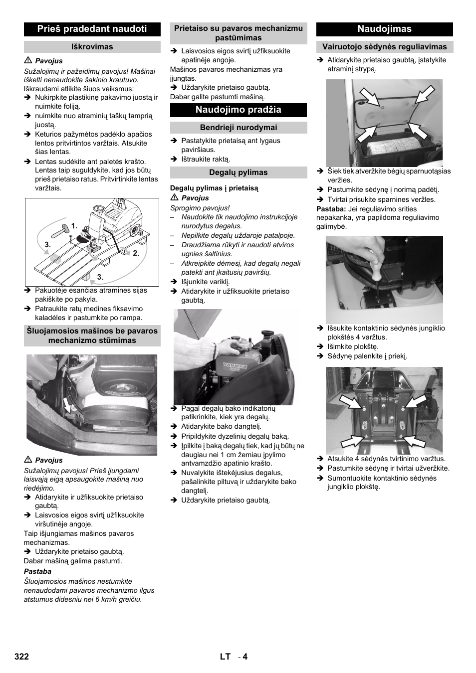 Prieš pradedant naudoti, Naudojimo pradžia, Naudojimas | Karcher KM 100-100 R D User Manual | Page 322 / 360