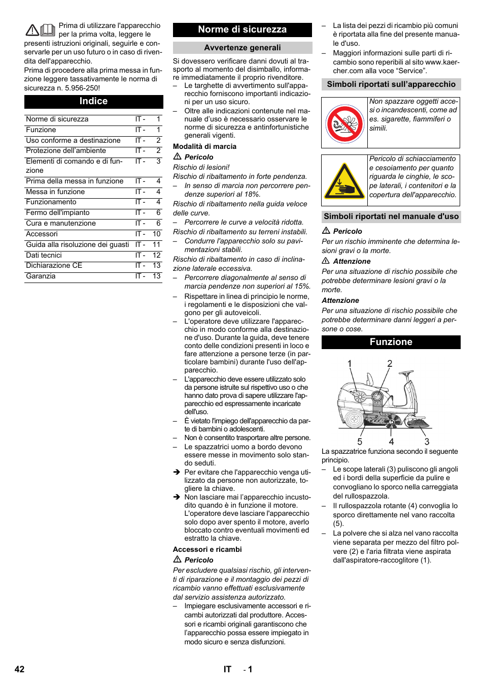 Indice, Norme di sicurezza, Funzione | Karcher KM 100-100 R D User Manual | Page 42 / 360