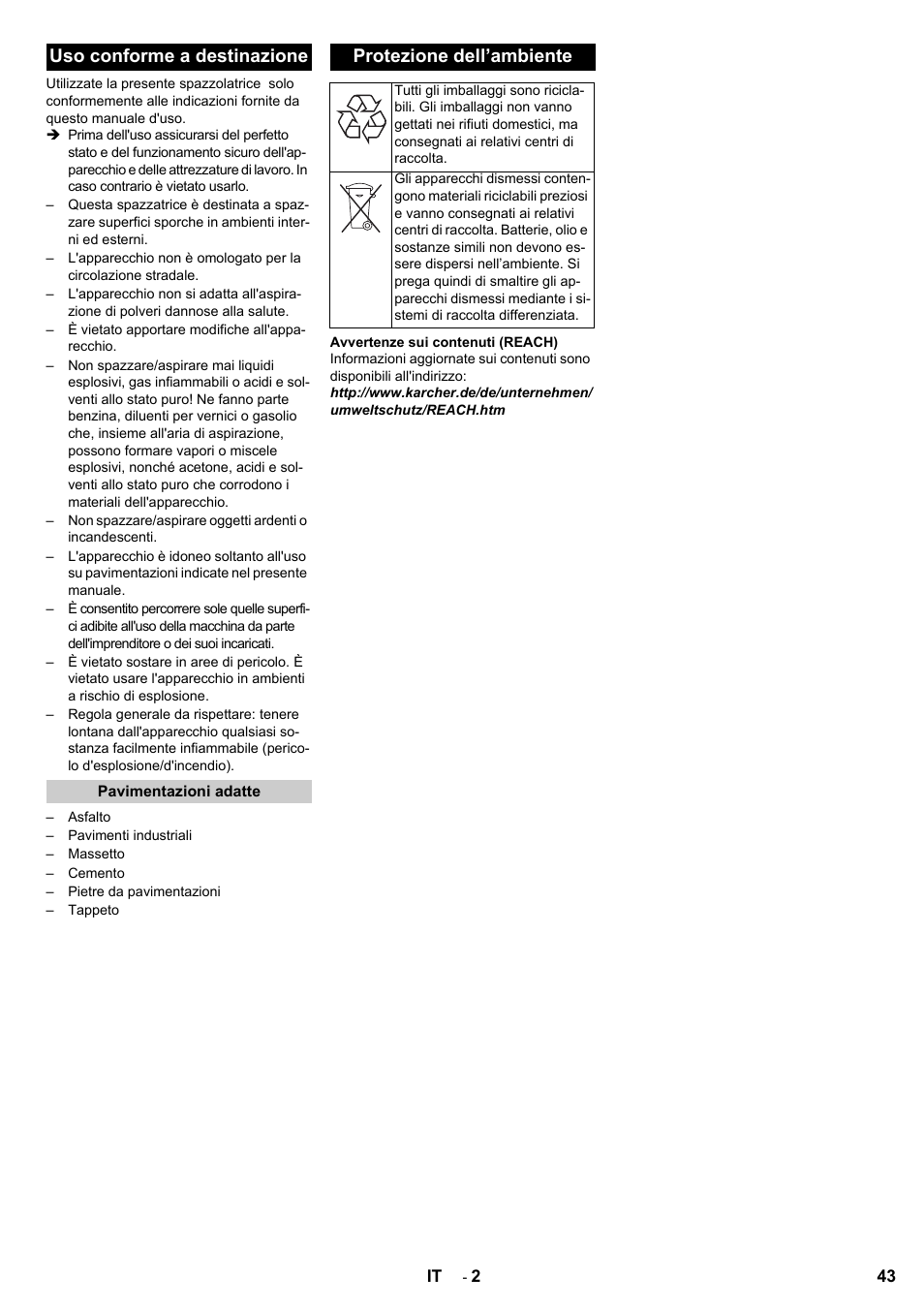 Uso conforme a destinazione, Protezione dell’ambiente | Karcher KM 100-100 R D User Manual | Page 43 / 360