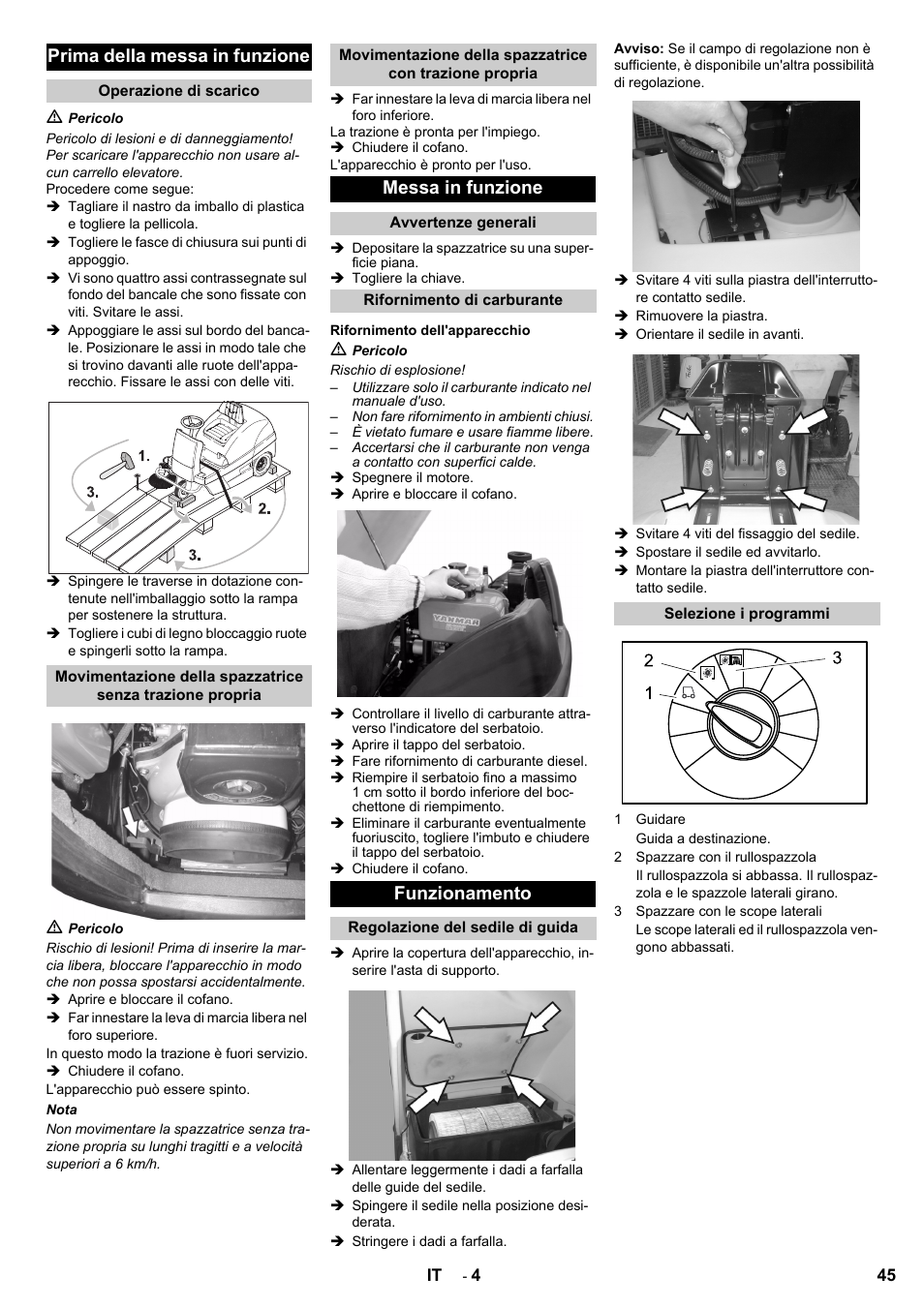 Prima della messa in funzione, Messa in funzione, Funzionamento | Karcher KM 100-100 R D User Manual | Page 45 / 360
