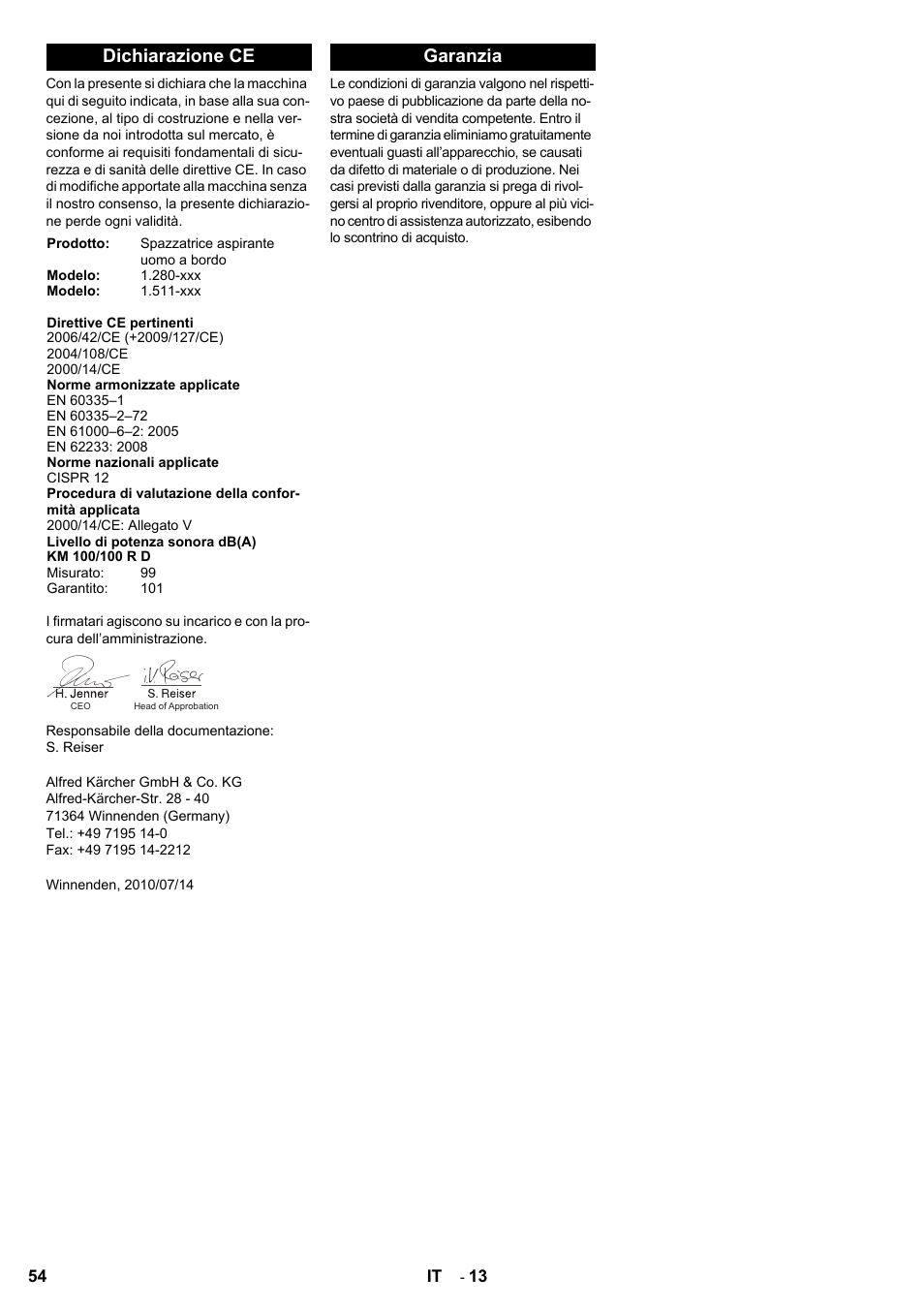 Dichiarazione ce, Garanzia | Karcher KM 100-100 R D User Manual | Page 54 / 360