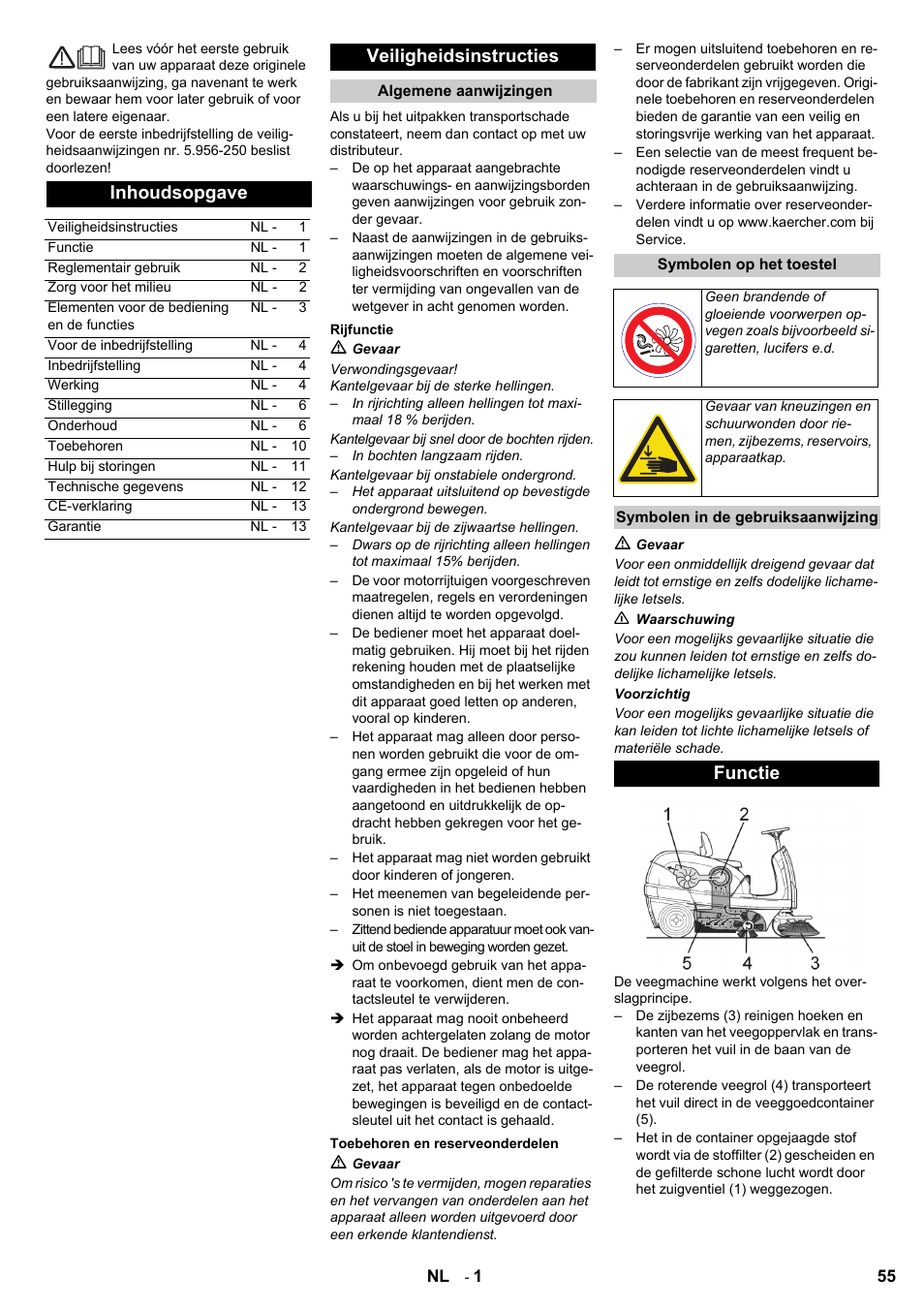 Inhoudsopgave, Veiligheidsinstructies, Functie | Karcher KM 100-100 R D User Manual | Page 55 / 360