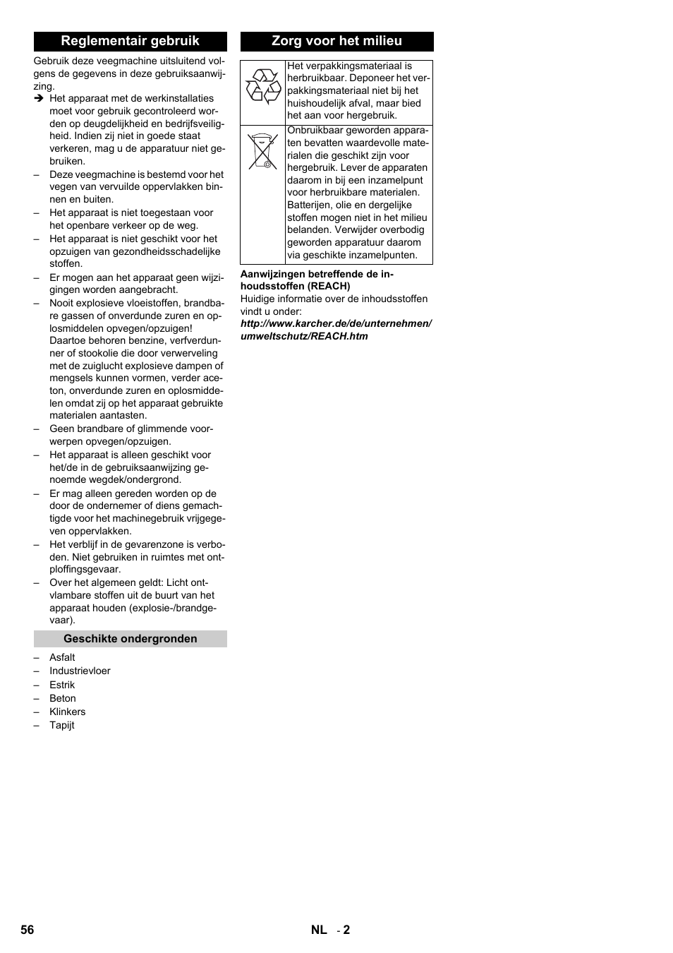 Reglementair gebruik, Zorg voor het milieu | Karcher KM 100-100 R D User Manual | Page 56 / 360