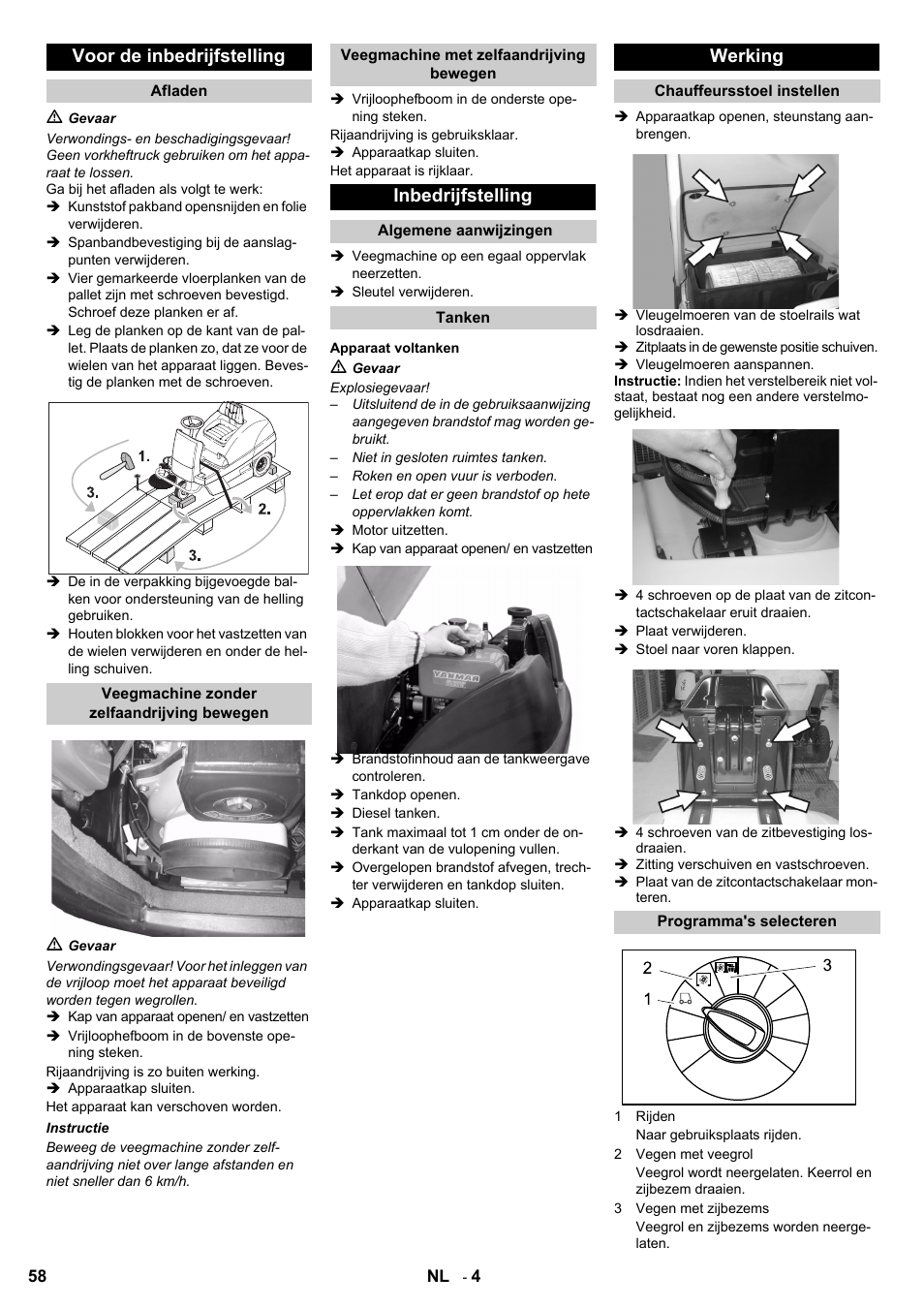 Voor de inbedrijfstelling, Inbedrijfstelling, Werking | Karcher KM 100-100 R D User Manual | Page 58 / 360