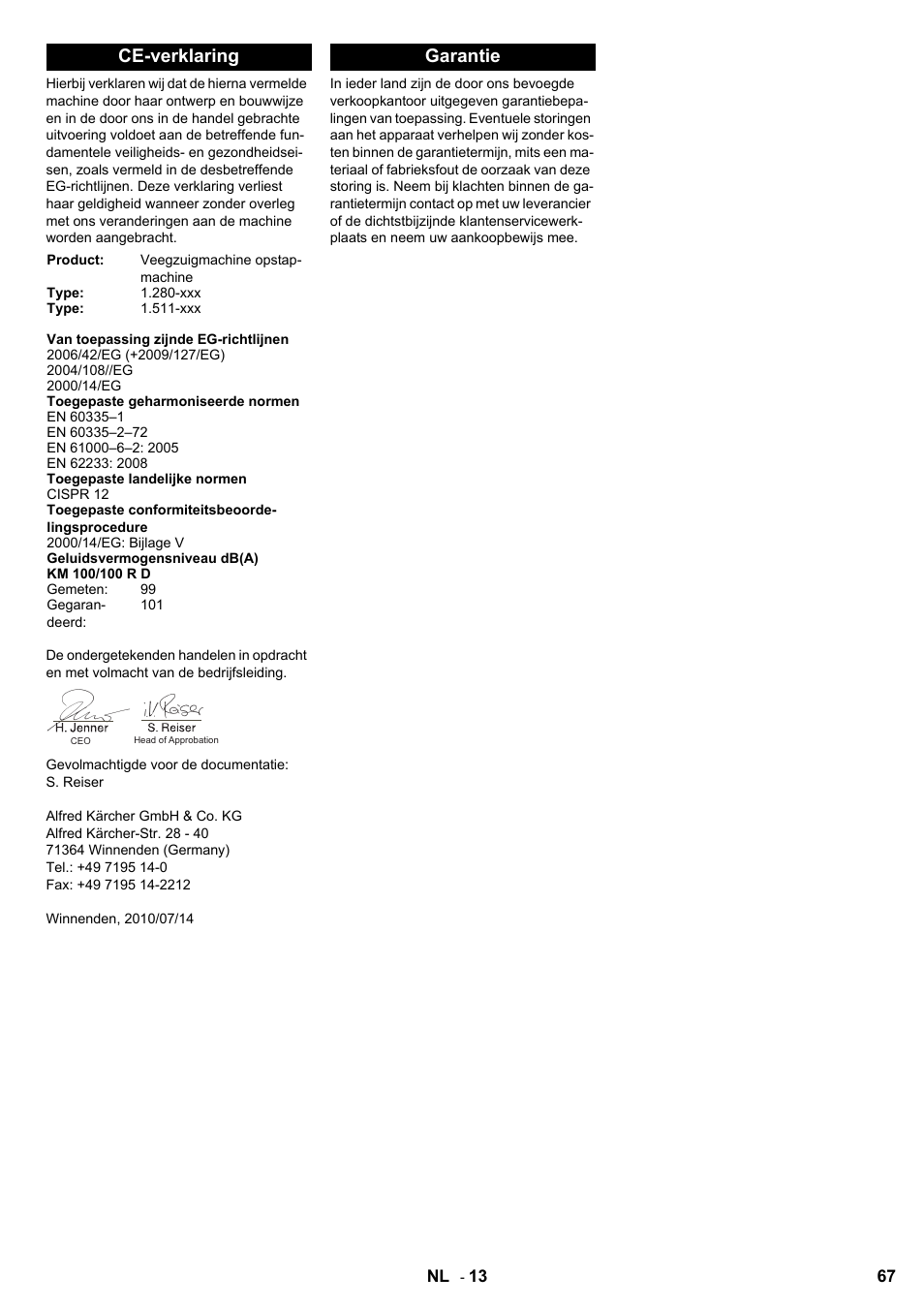 Ce-verklaring, Garantie | Karcher KM 100-100 R D User Manual | Page 67 / 360