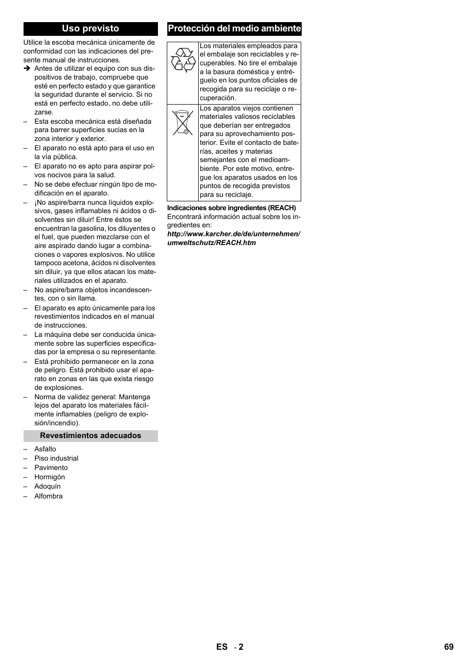Uso previsto, Protección del medio ambiente | Karcher KM 100-100 R D User Manual | Page 69 / 360